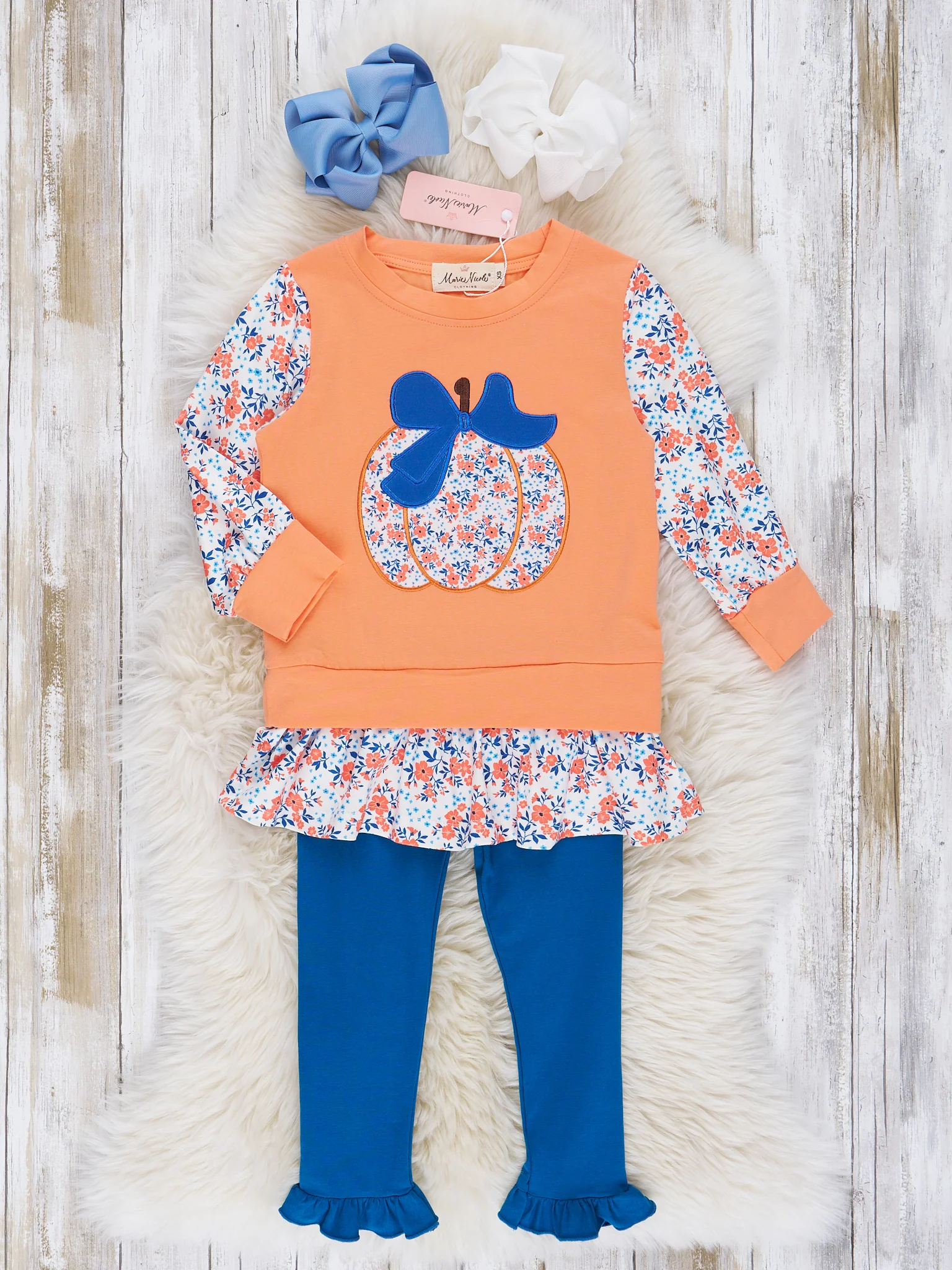 Orange & Navy Floral Pumpkin Ruffle Outfit - Image 2