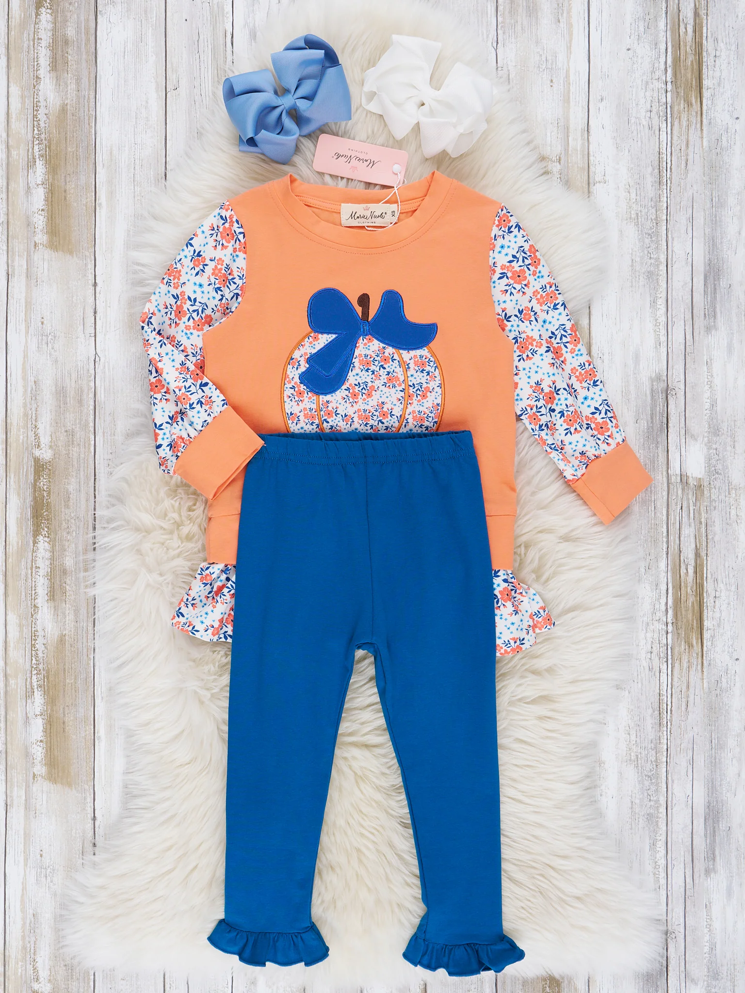 Orange & Navy Floral Pumpkin Ruffle Outfit - Image 3