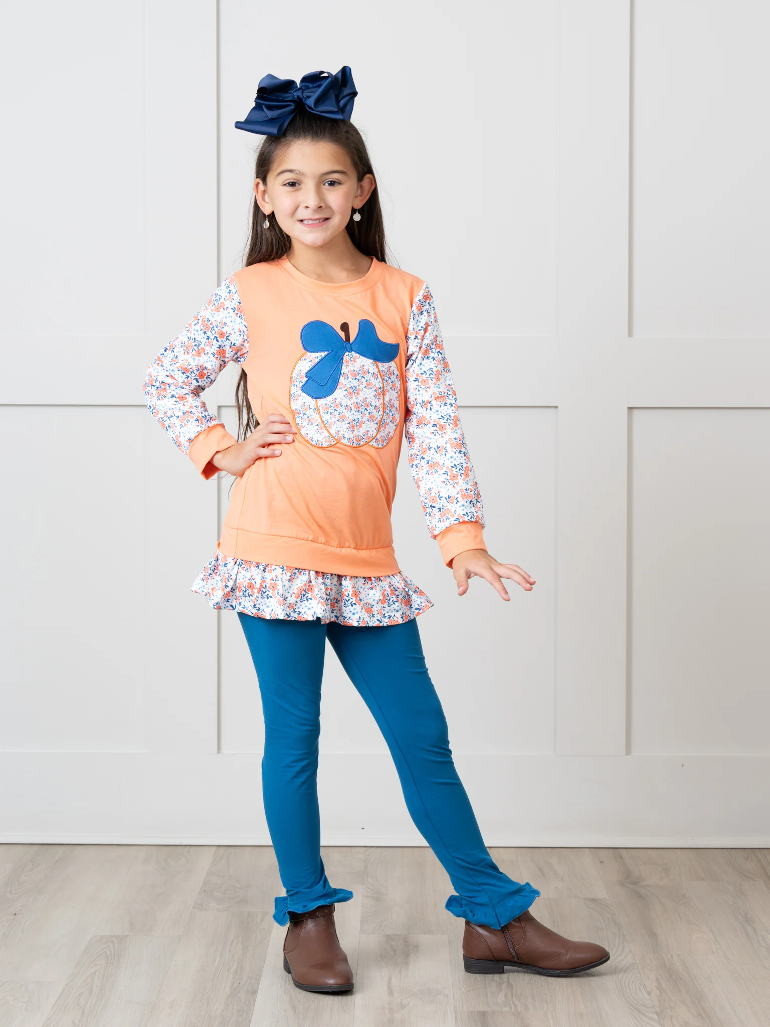 Orange & Navy Floral Pumpkin Ruffle Outfit - Image 5