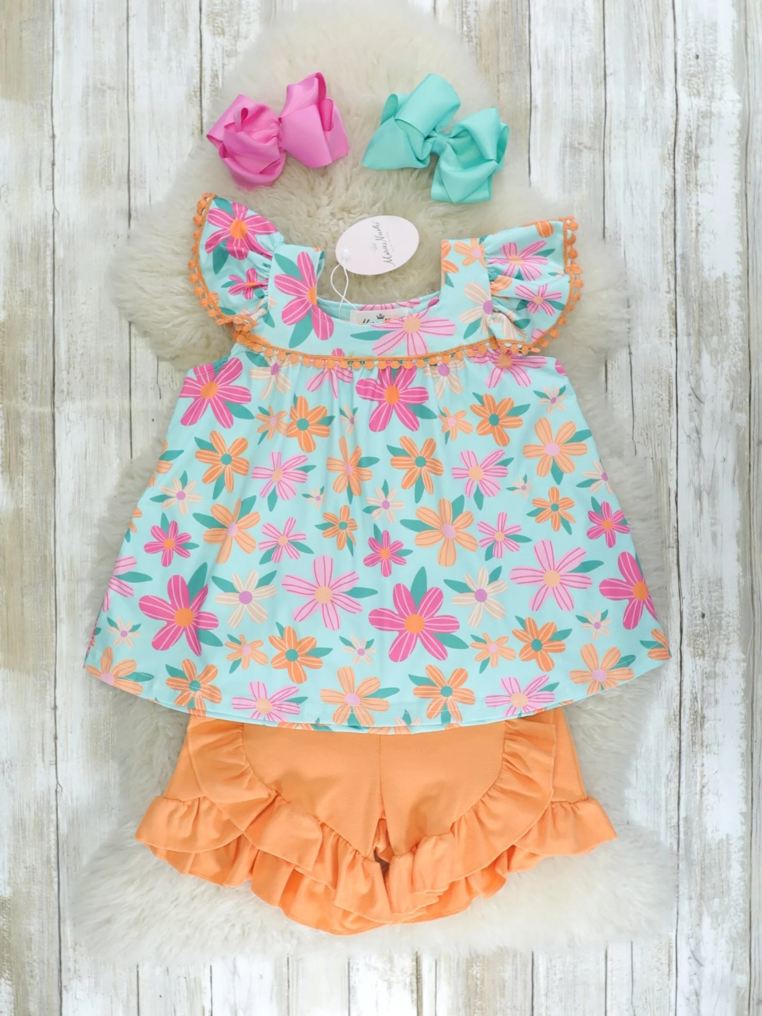 Orange & Pink Floral Ruffle Shorts Outfit
