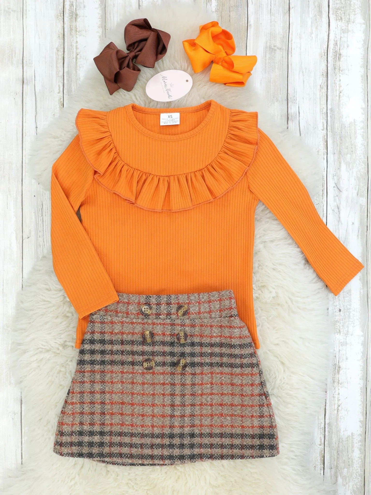Orange Ribbed Ruffle Top & Plaid Skirt Outfit
