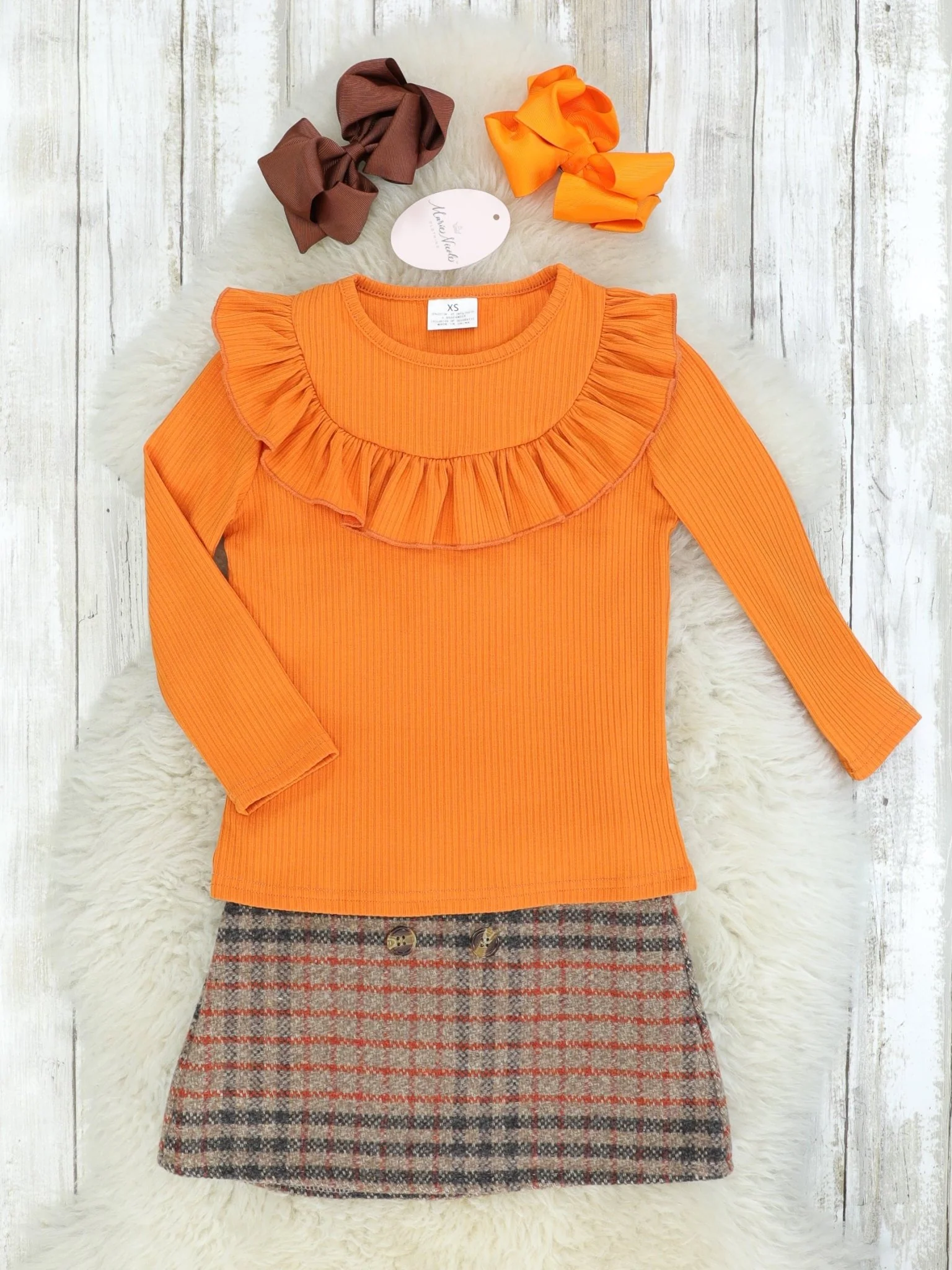 Orange Ribbed Ruffle Top & Plaid Skirt Outfit - Image 2