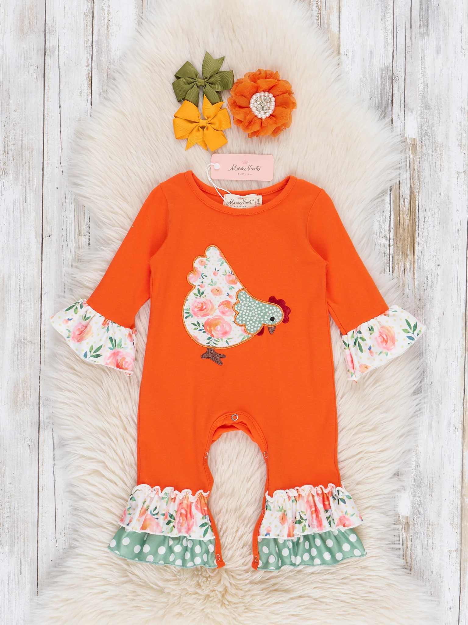 Orange Ruffle Floral Chicken Romper