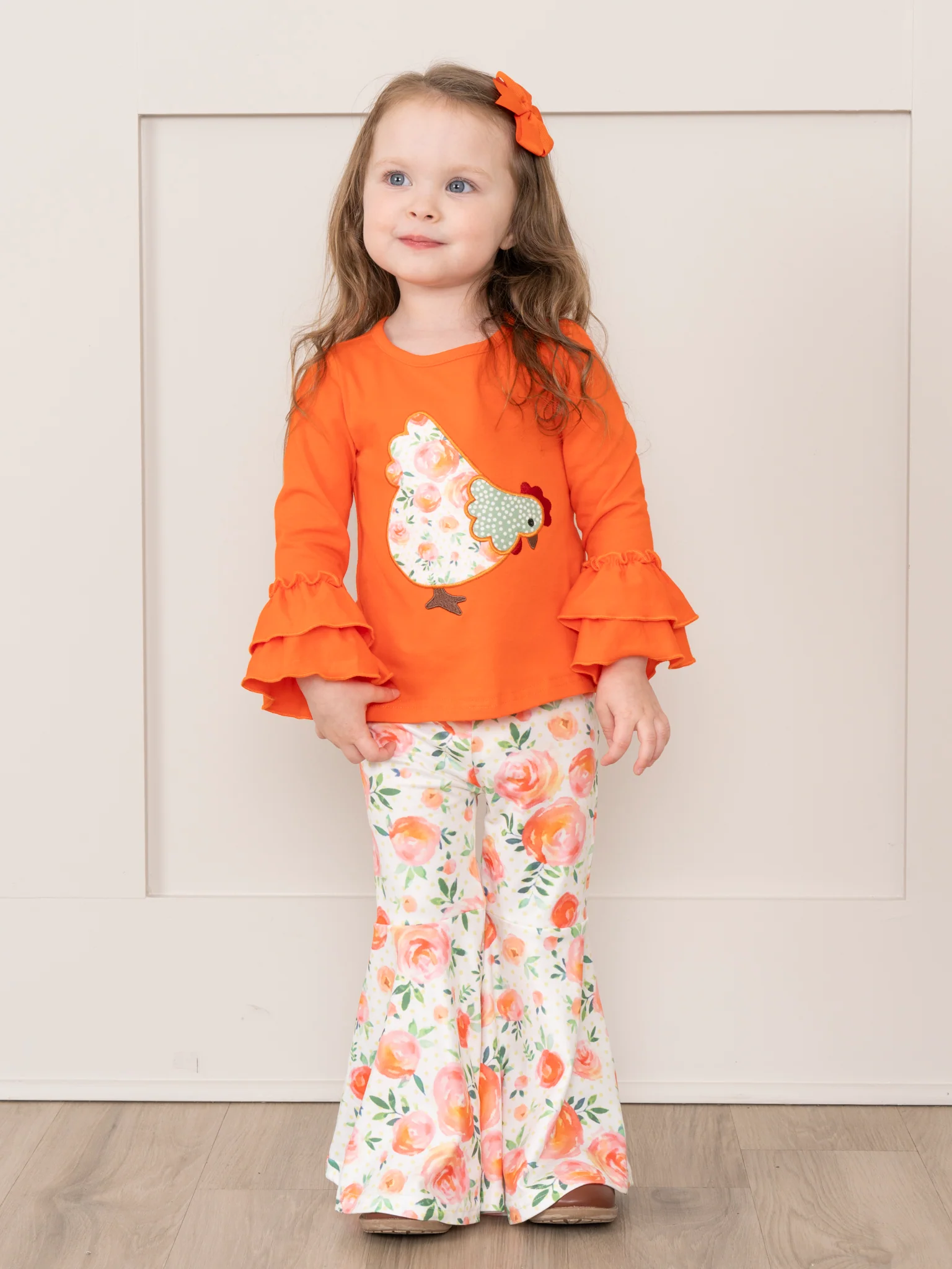 Orange Ruffle Floral Chicken Bell Bottom Outfit