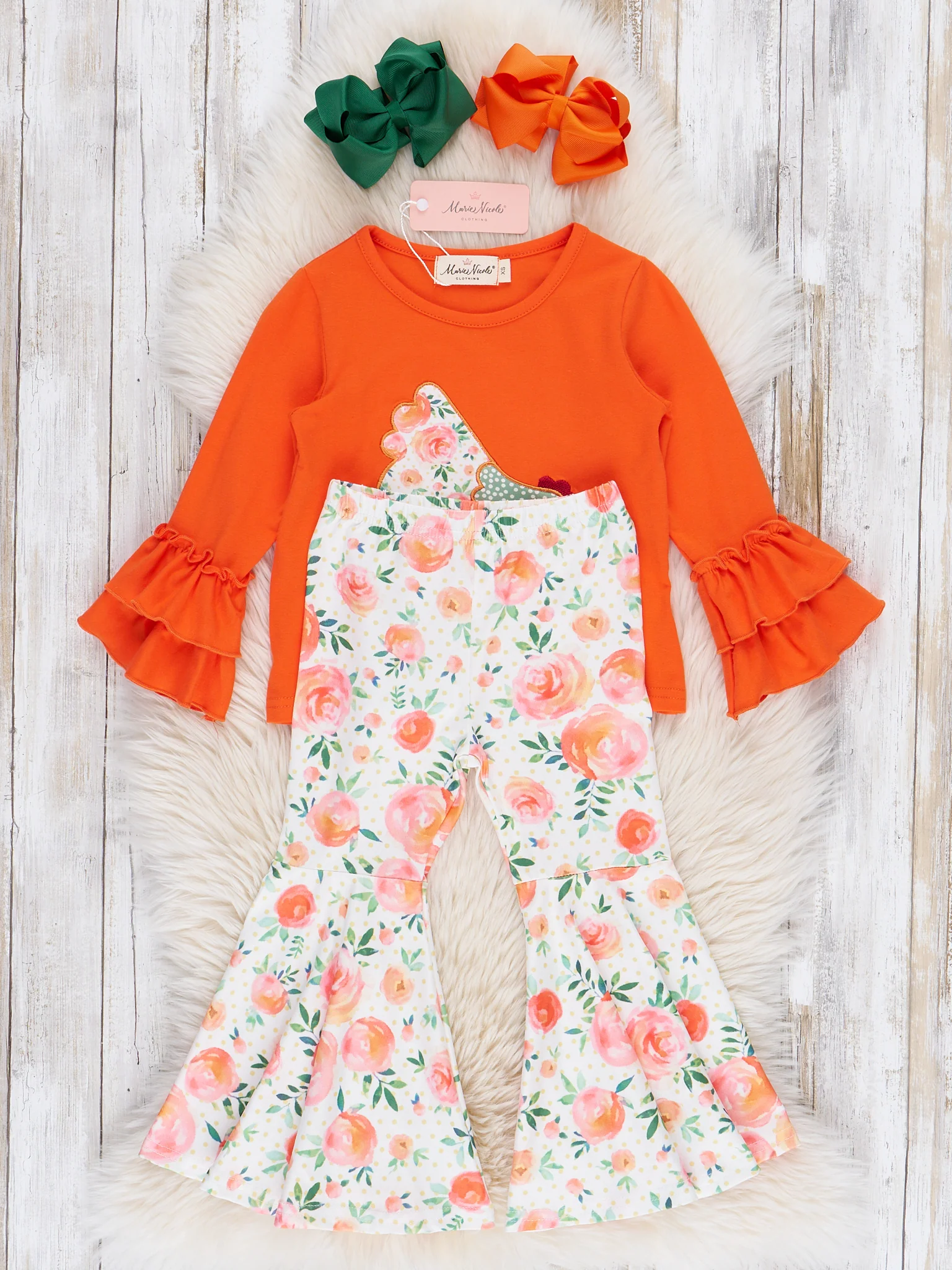 Orange Ruffle Floral Chicken Bell Bottom Outfit - Image 3