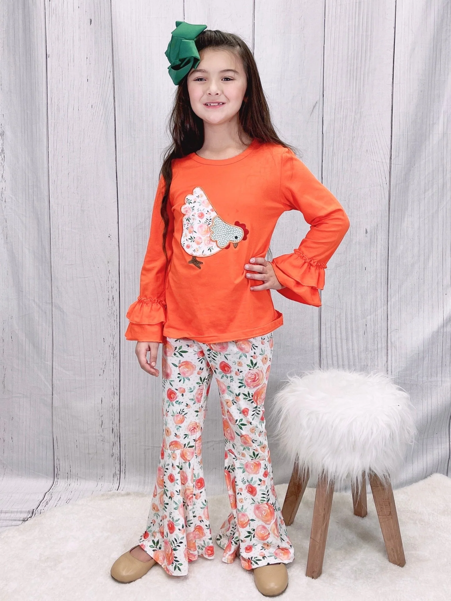 Orange Ruffle Floral Chicken Bell Bottom Outfit - Image 5