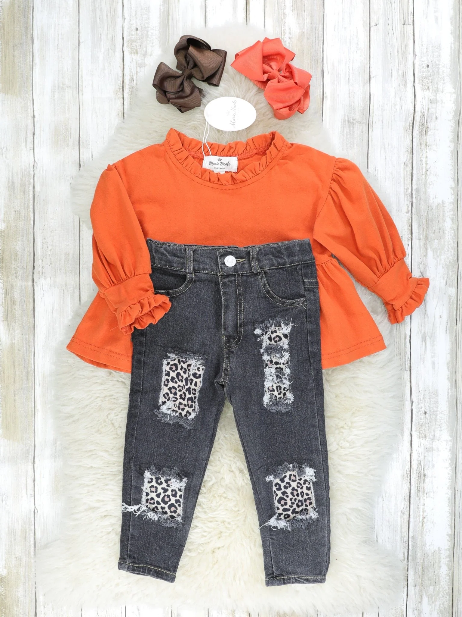 Orange Ruffle Peplum Top & Distressed Leopard Denim Outfit - Image 2