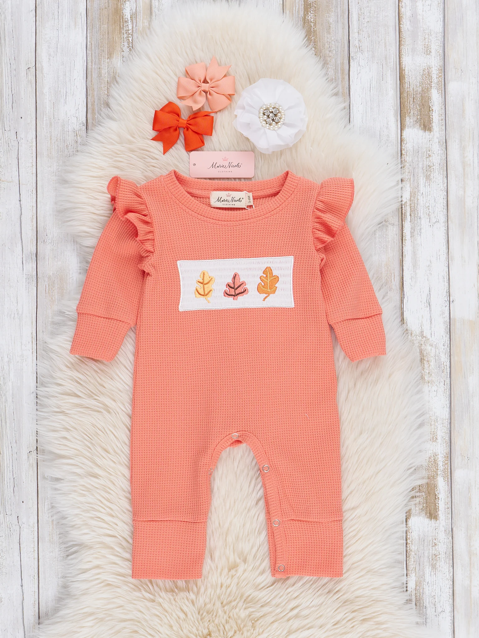 Orange Smocked Autumn Leaves Ruffle Romper