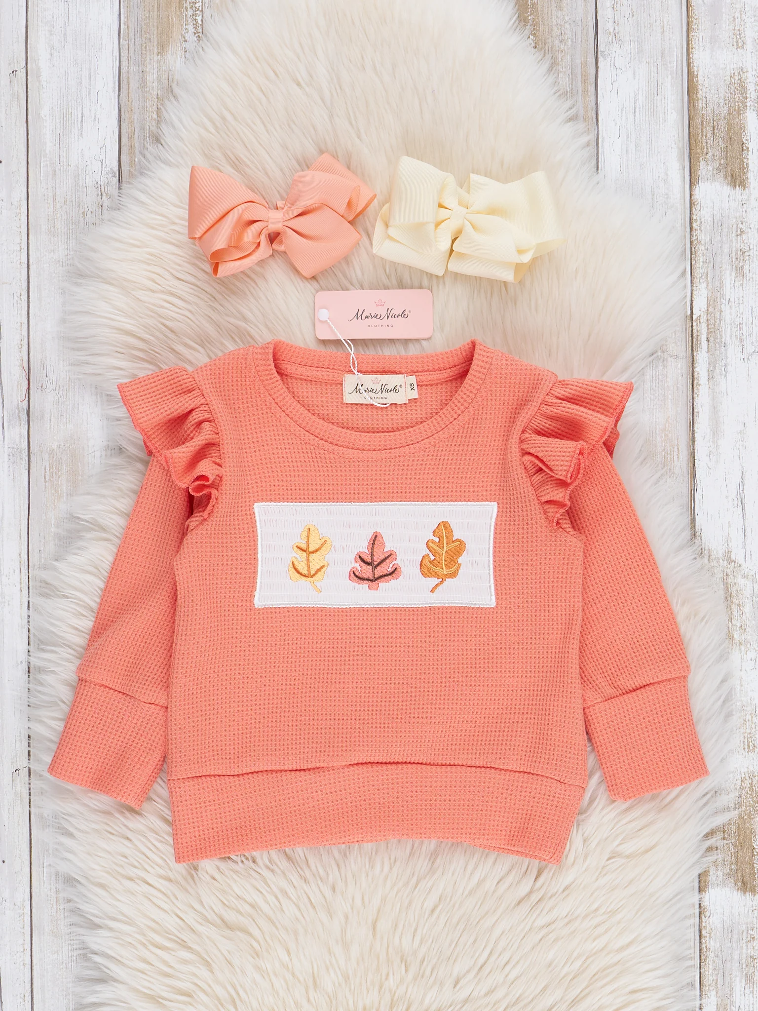 Orange Smocked Autumn Leaves Ruffle Shirt
