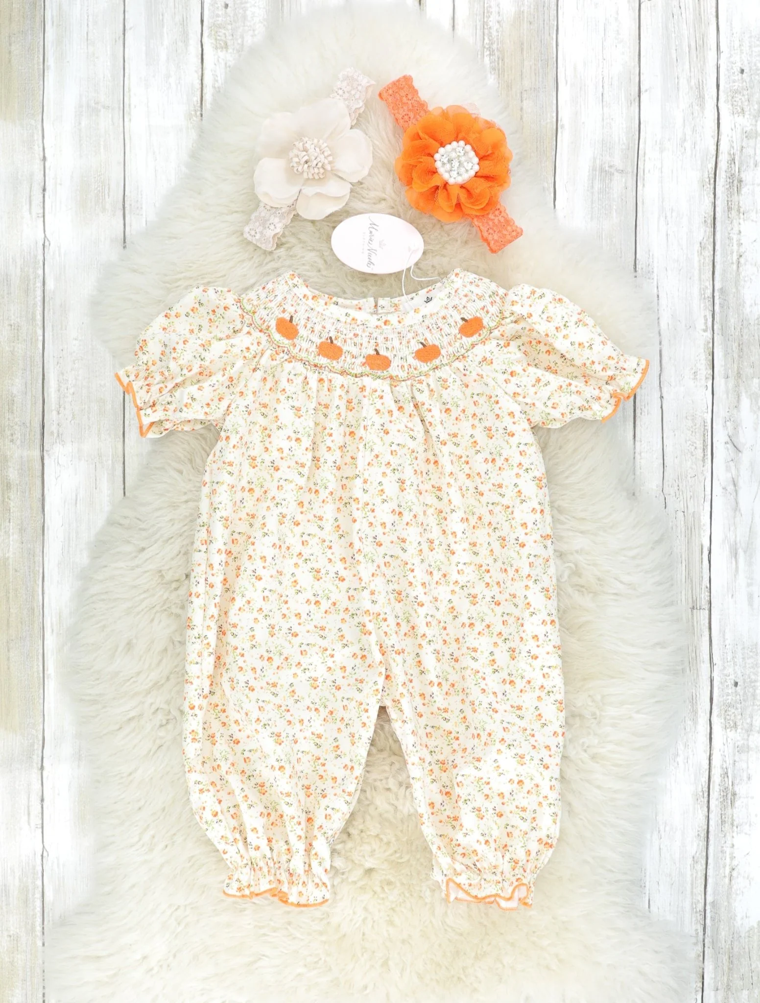Orange Smocked Pumpkin Floral Romper