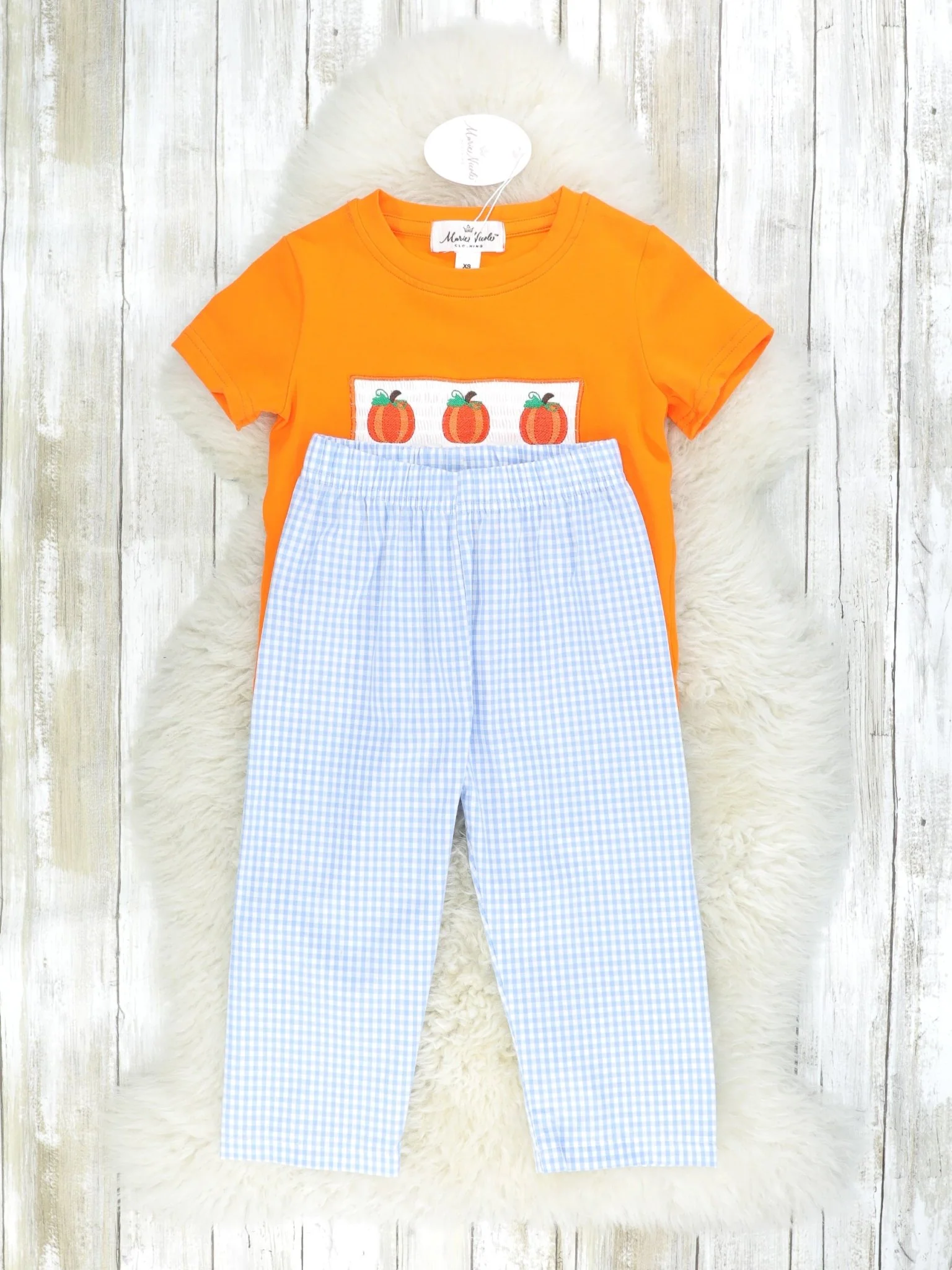 Orange Smocked Pumpkin Top & Checked Bottoms Outfit - Image 2