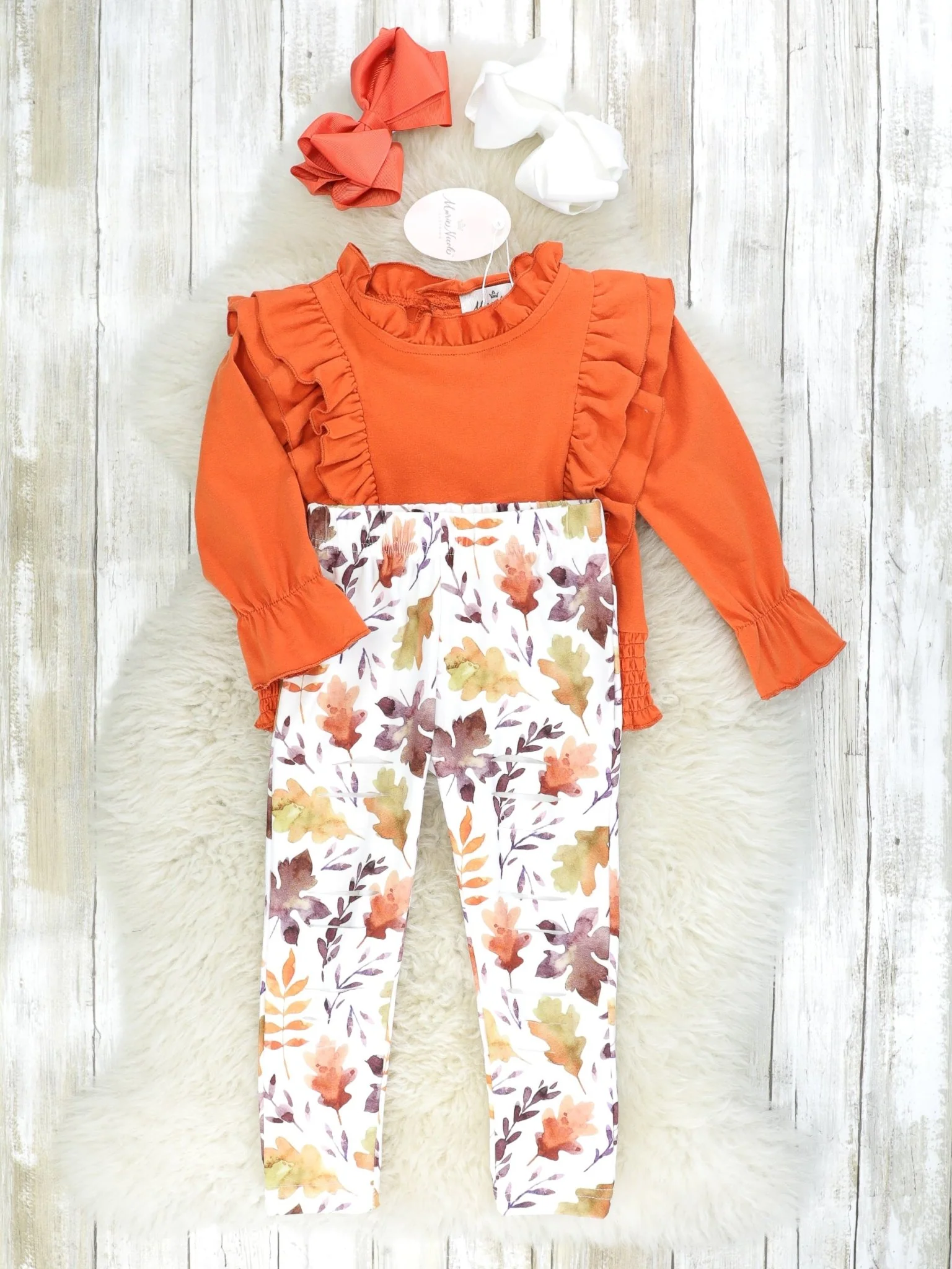 Orange Smocked Ruffle Long Sleeve & Fall Leaf Bottoms Outfit - Image 2