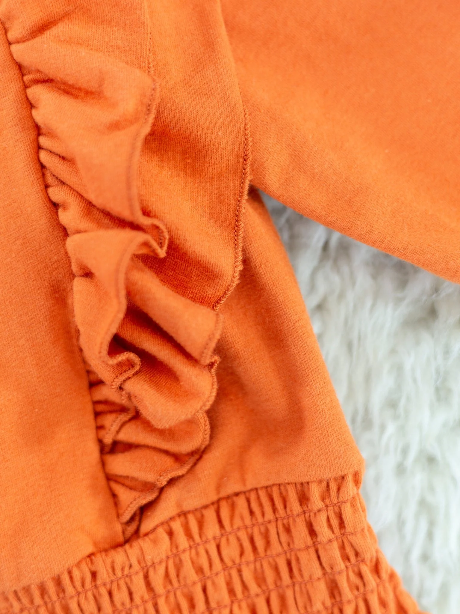 Orange Smocked Ruffle Long Sleeve & Fall Leaf Bottoms Outfit - Image 3