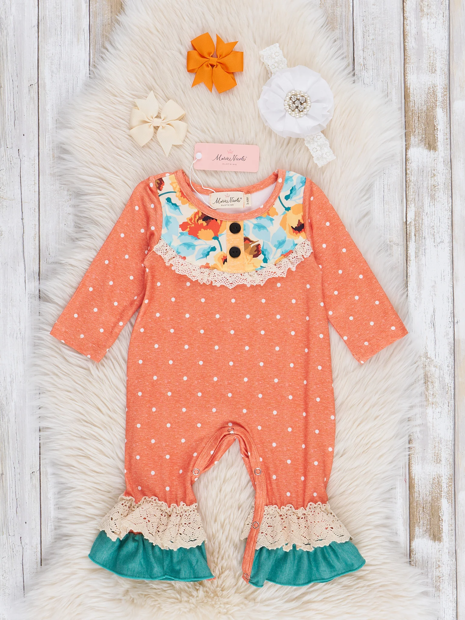 Orange & Teal Floral Ruffle Romper