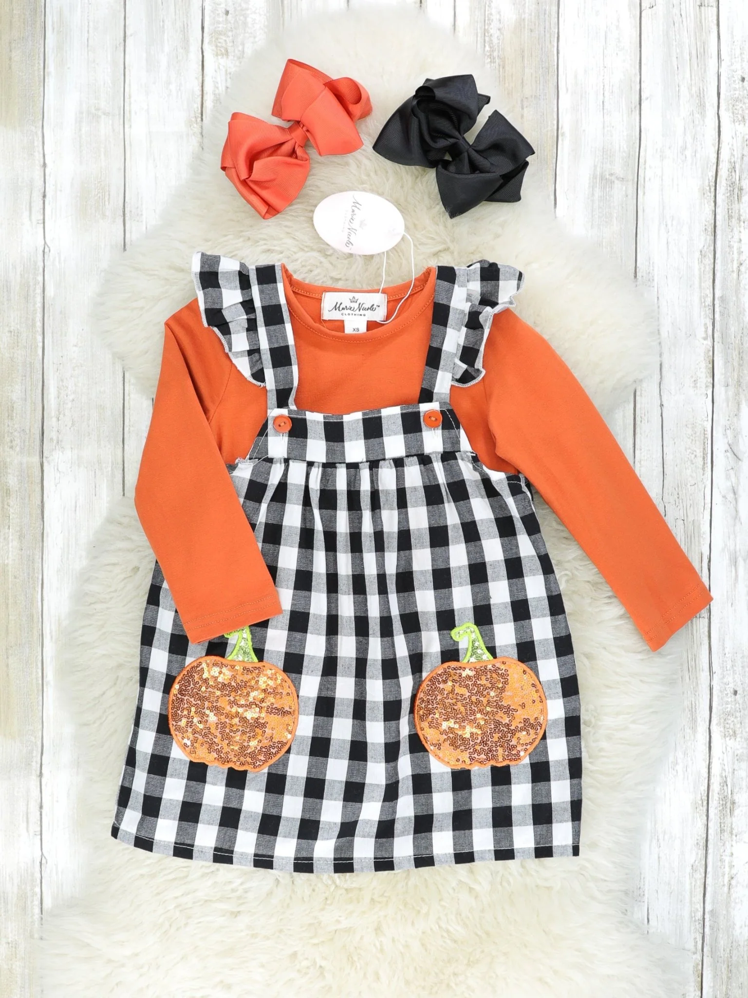 Orange Top & Gingham Sequin Pumpkin Overall Dress Set