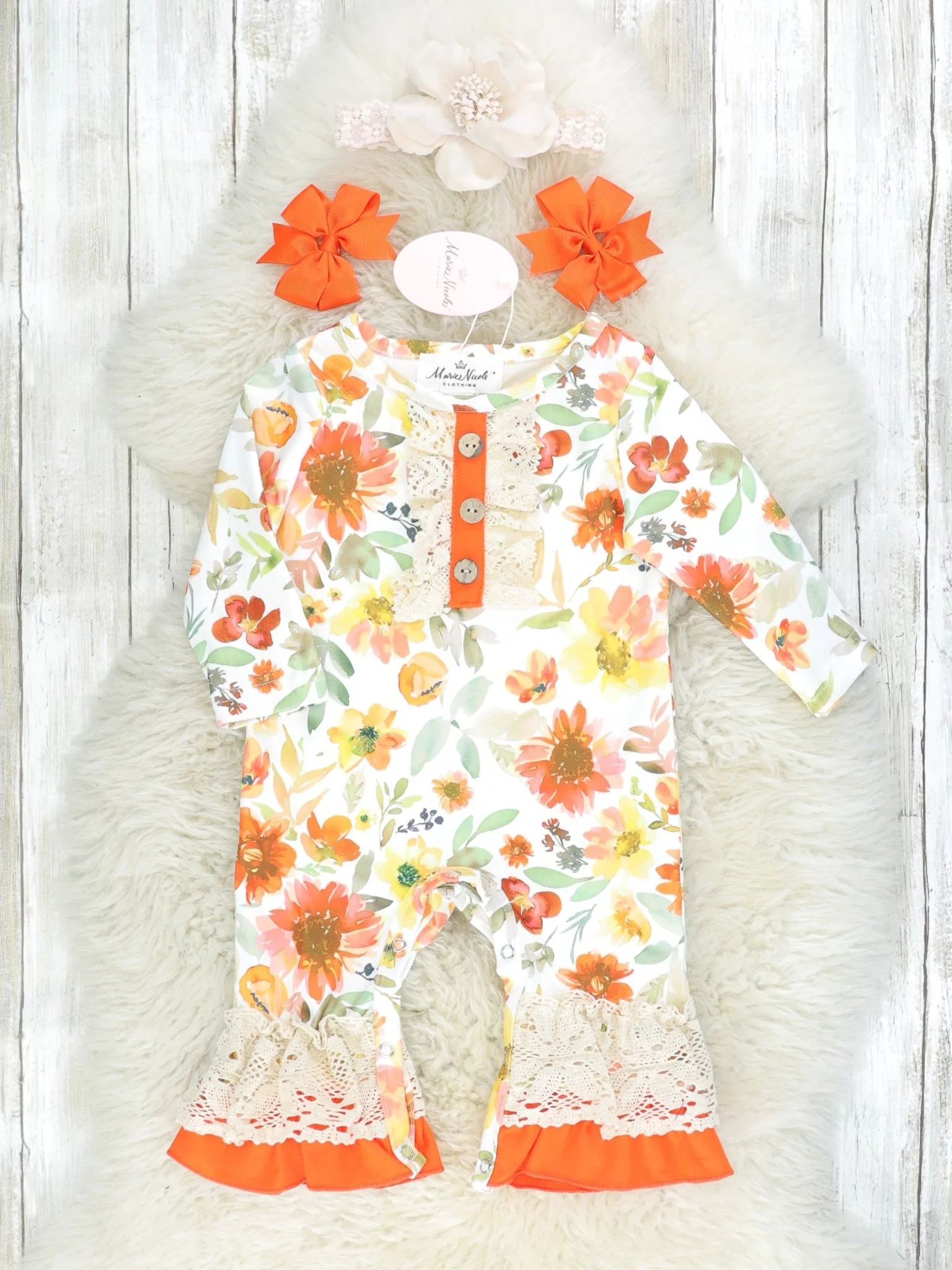 Orange Watercolor Floral Crotchet Lace Ruffle Romper