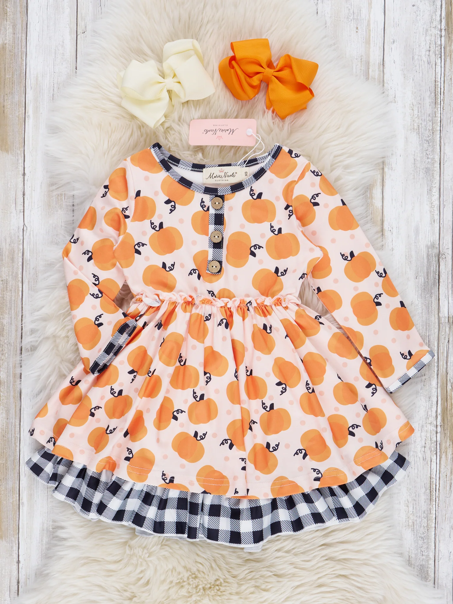 Orange Watercolor Pumpkins Gingham Ruffle Dress