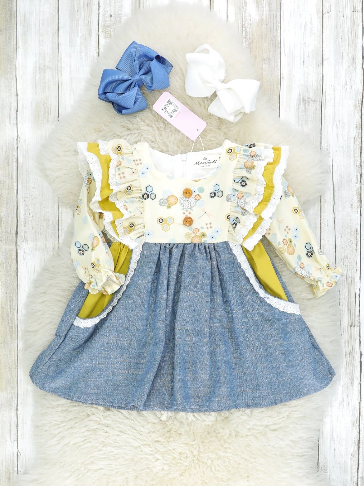 Pale Yellow Chambray Ruffle Pocket Dress