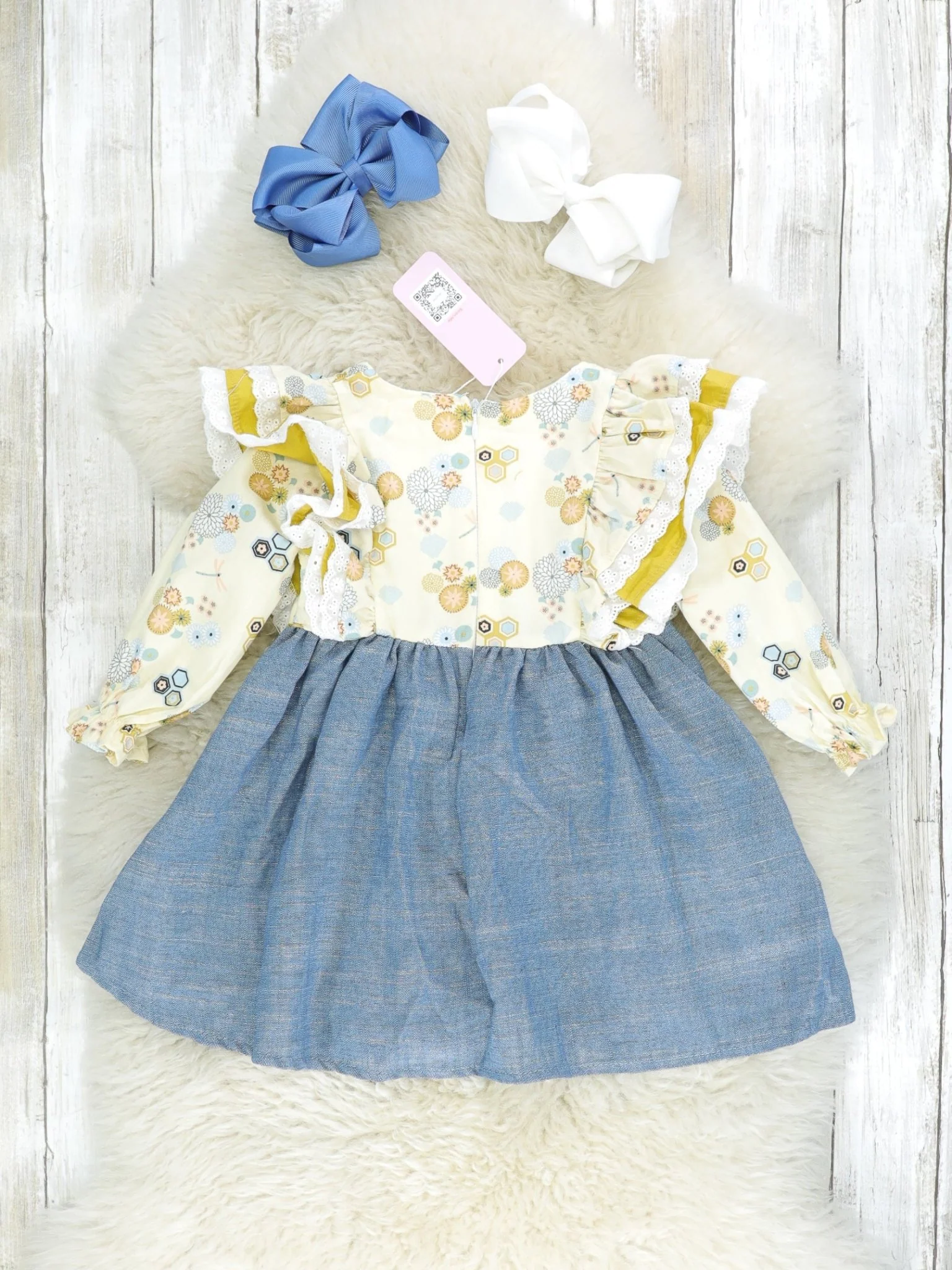 Pale Yellow Chambray Ruffle Pocket Dress - Image 2