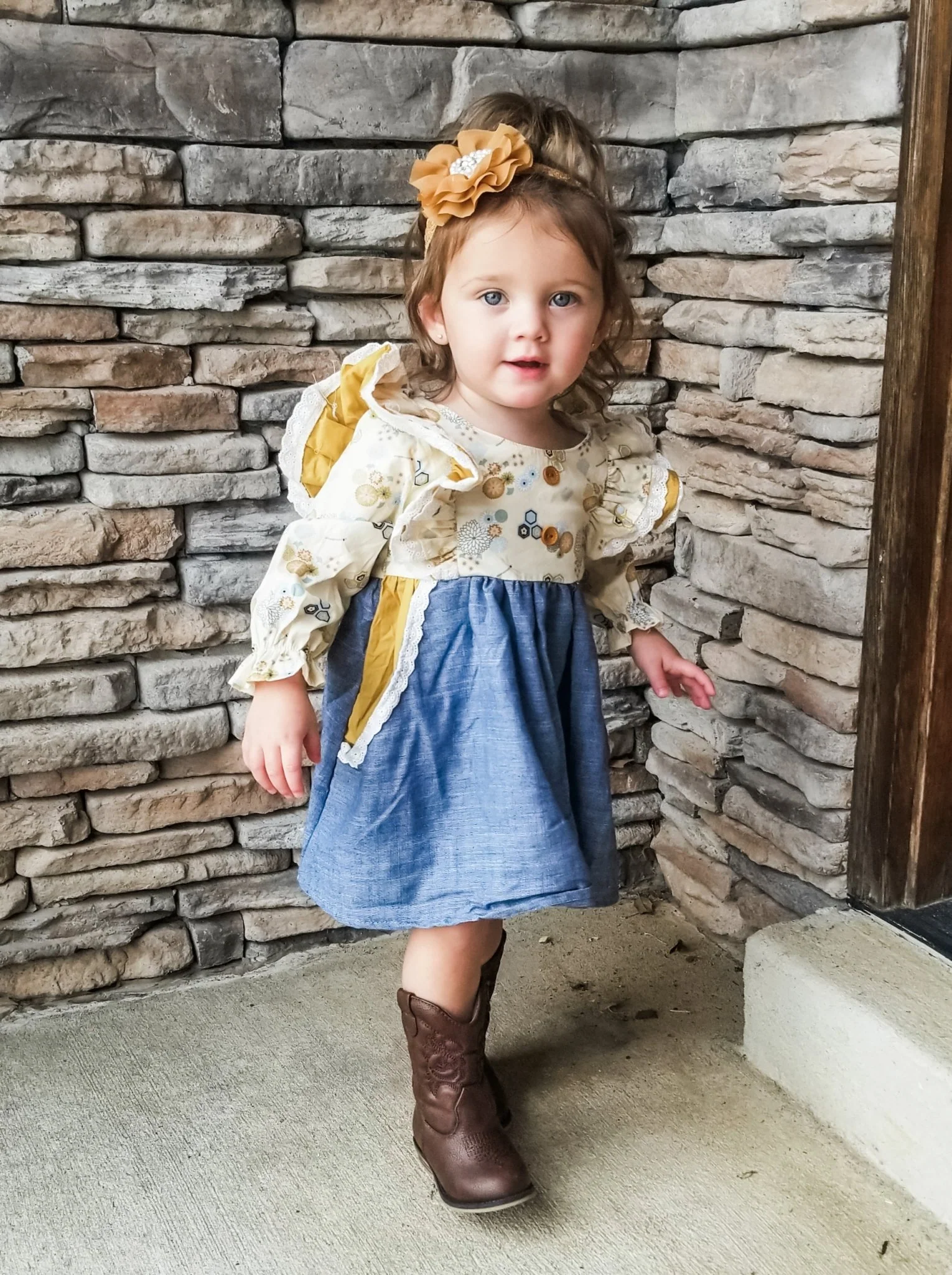 Pale Yellow Chambray Ruffle Pocket Dress - Image 4
