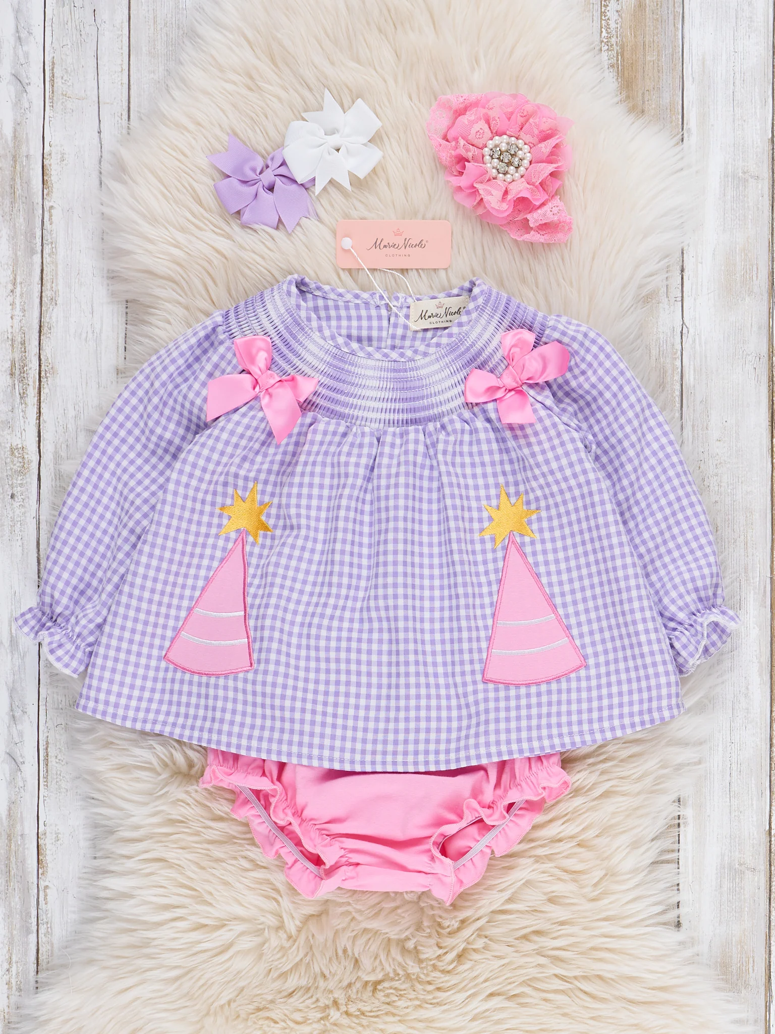 Party Hat Smocked Gingham Bloomers Outfit