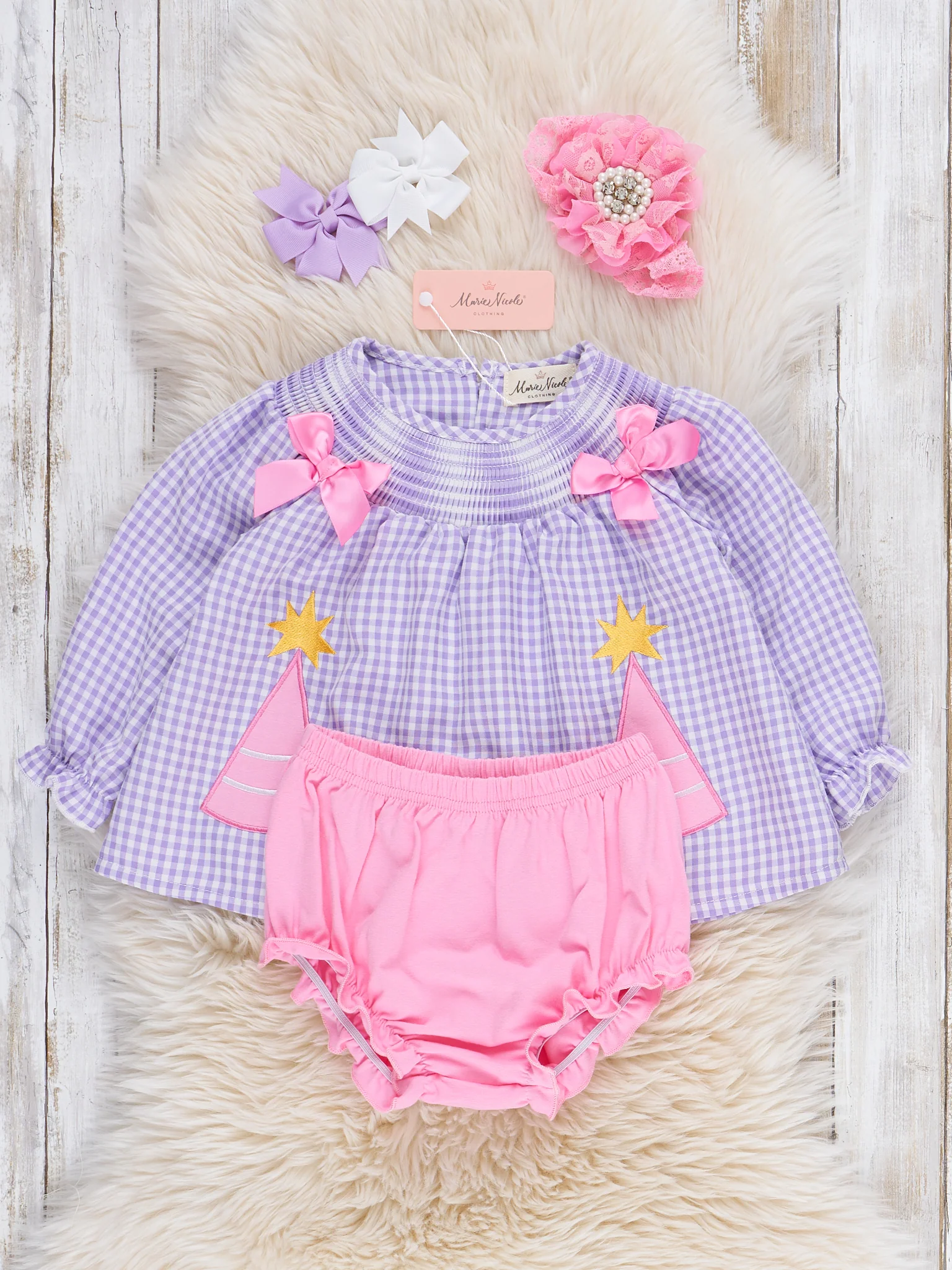 Party Hat Smocked Gingham Bloomers Outfit - Image 3