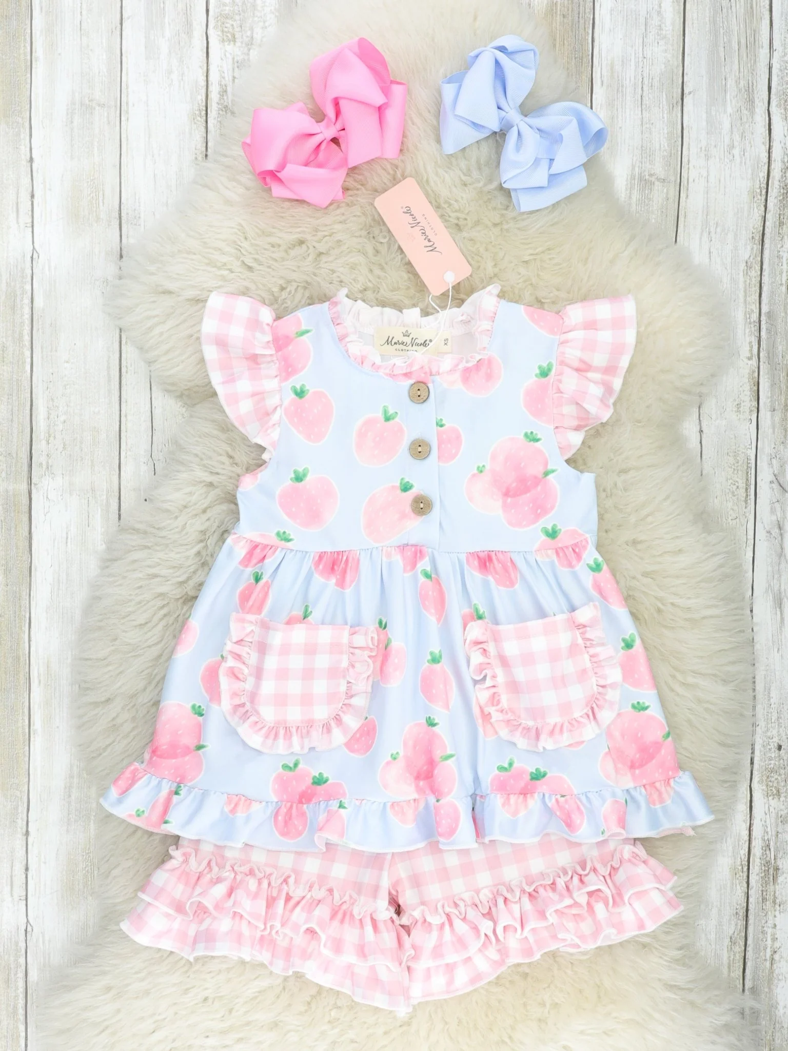 Pastel Gingham Strawberry Ruffle Outfit