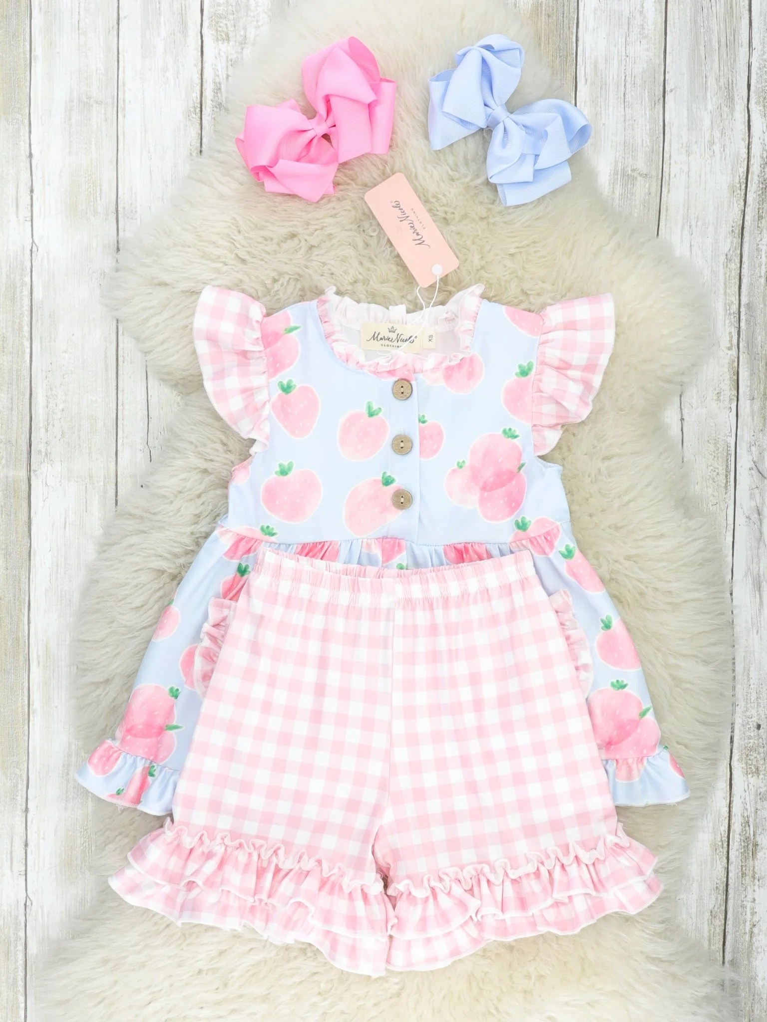 Pastel Gingham Strawberry Ruffle Outfit - Image 2