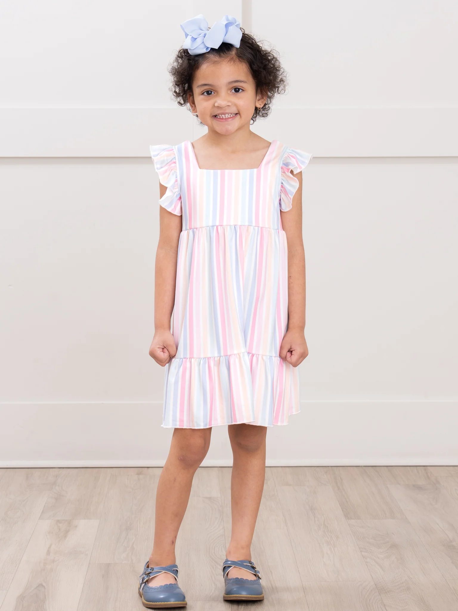 Pastel Striped Flutter Sleeve Dress - Image 4
