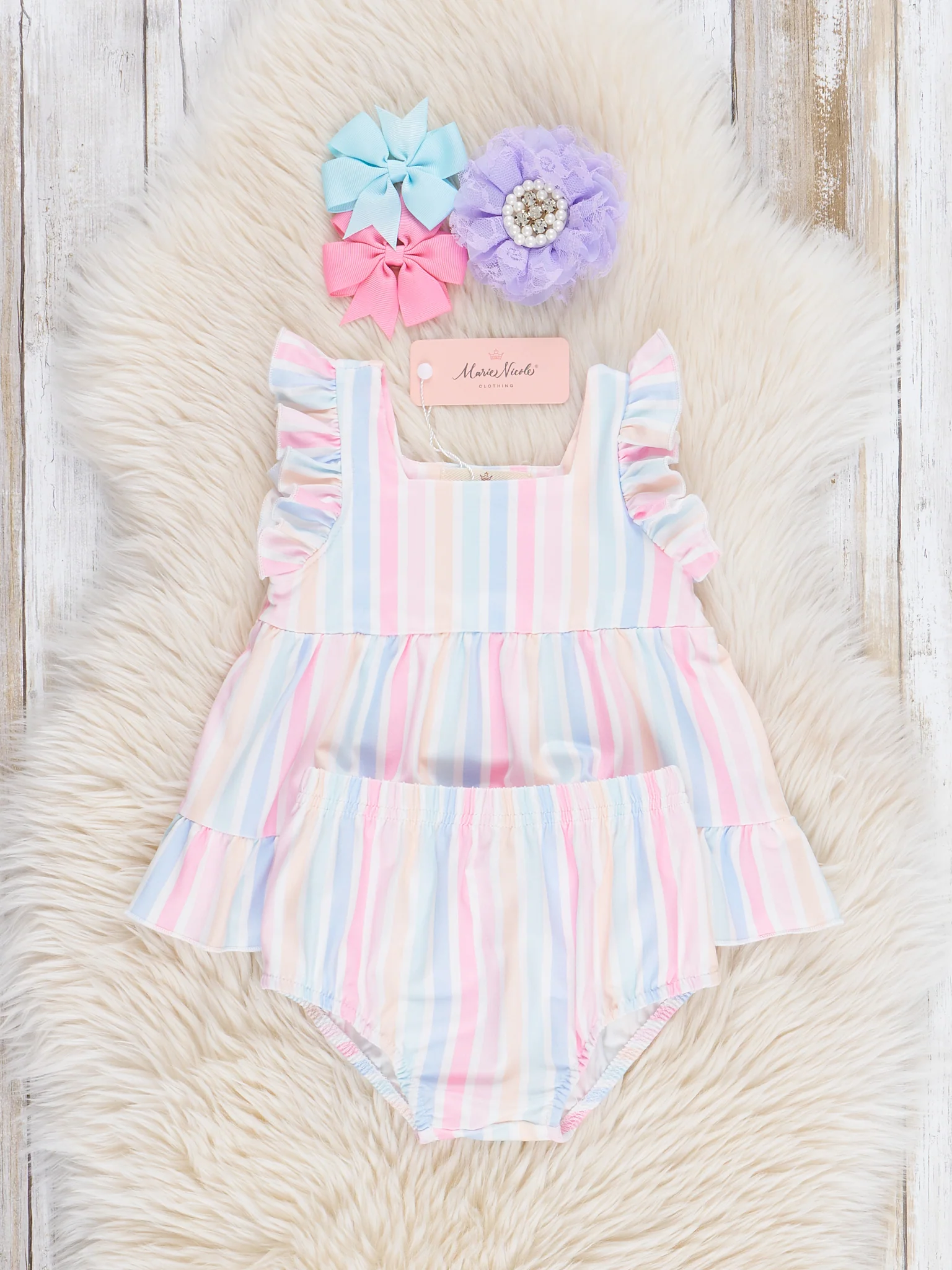 Pastel Striped Flutter Sleeve Top & Bloomers Set - Image 2