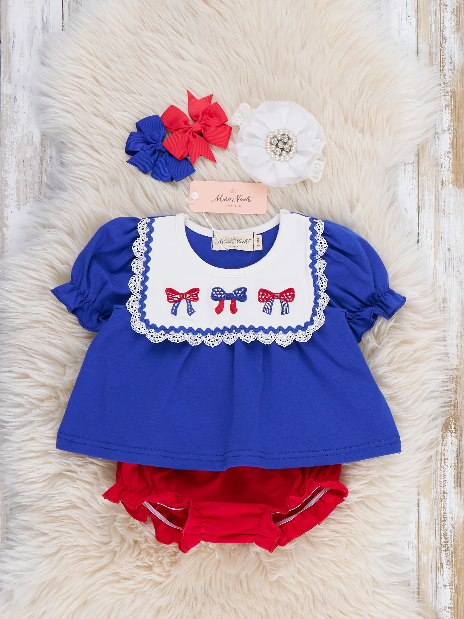 Patriotic Bow Bliss Embroidered Cotton Ruffle Bloomers Outfit - Image 2
