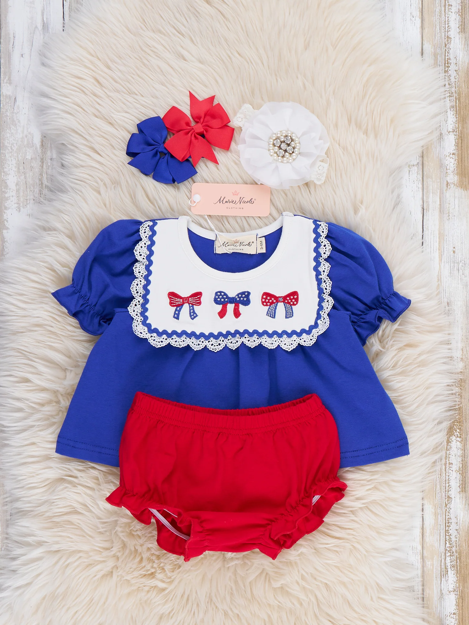 Patriotic Bow Bliss Embroidered Cotton Ruffle Bloomers Outfit - Image 4
