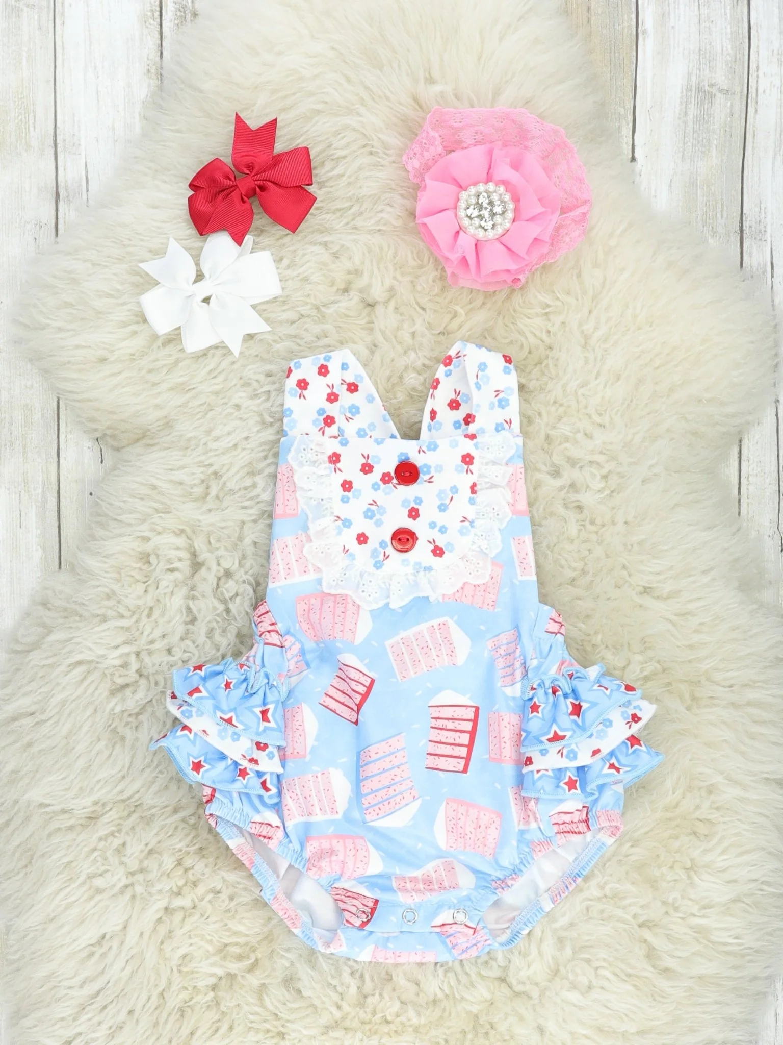 Patriotic Cake Ruffle Bubble Romper