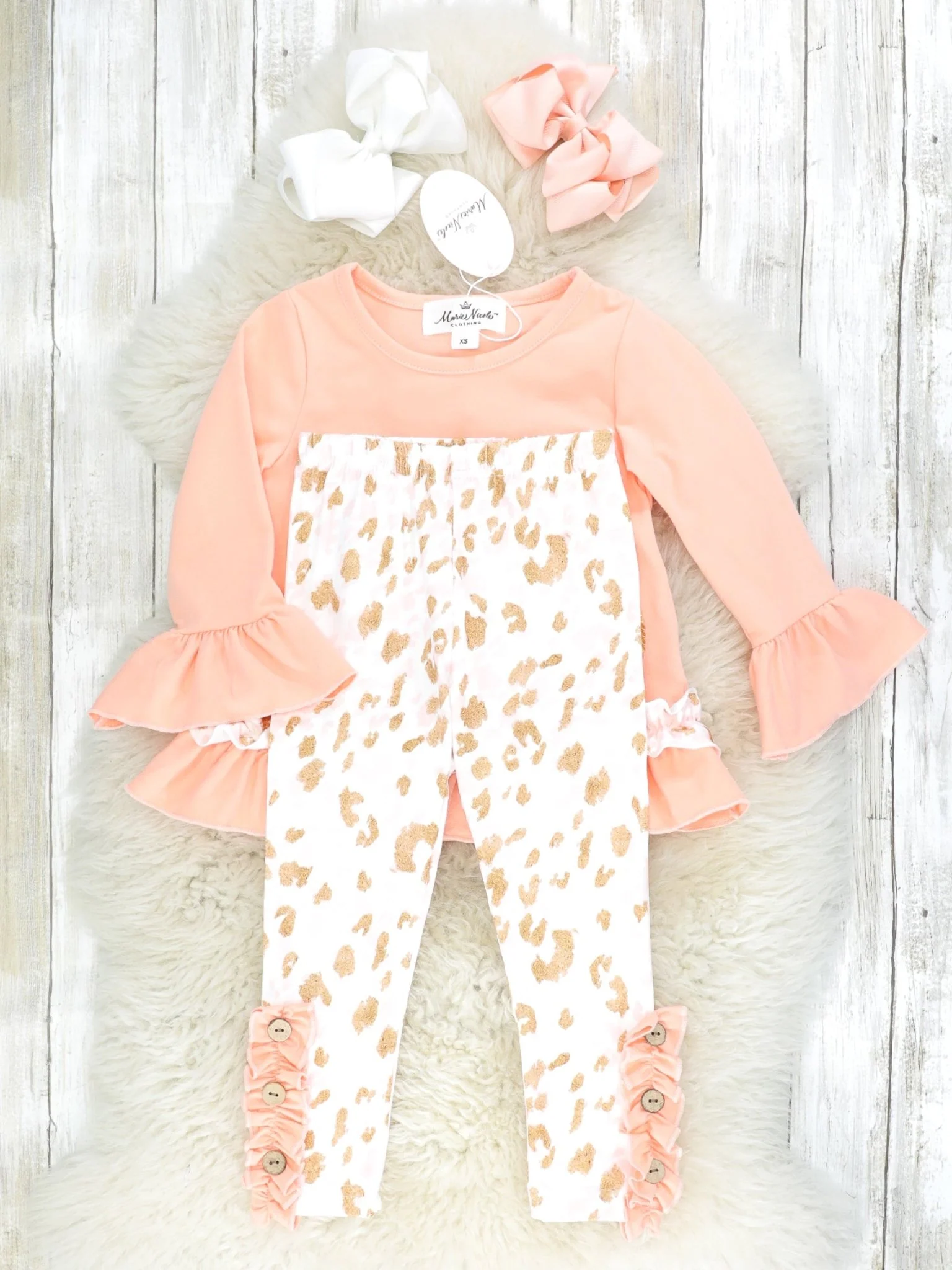 Peach & Gold Sequin Leopard Pumpkin Ruffle Outfit - Image 2