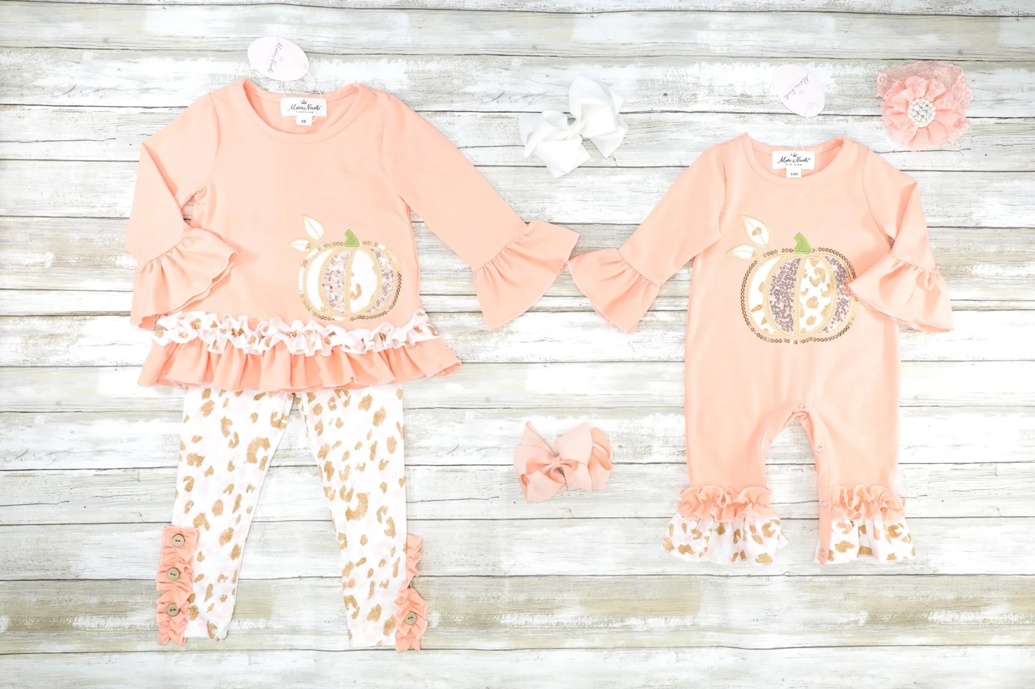 Peach & Gold Sequin Leopard Pumpkin Ruffle Outfit - Image 3