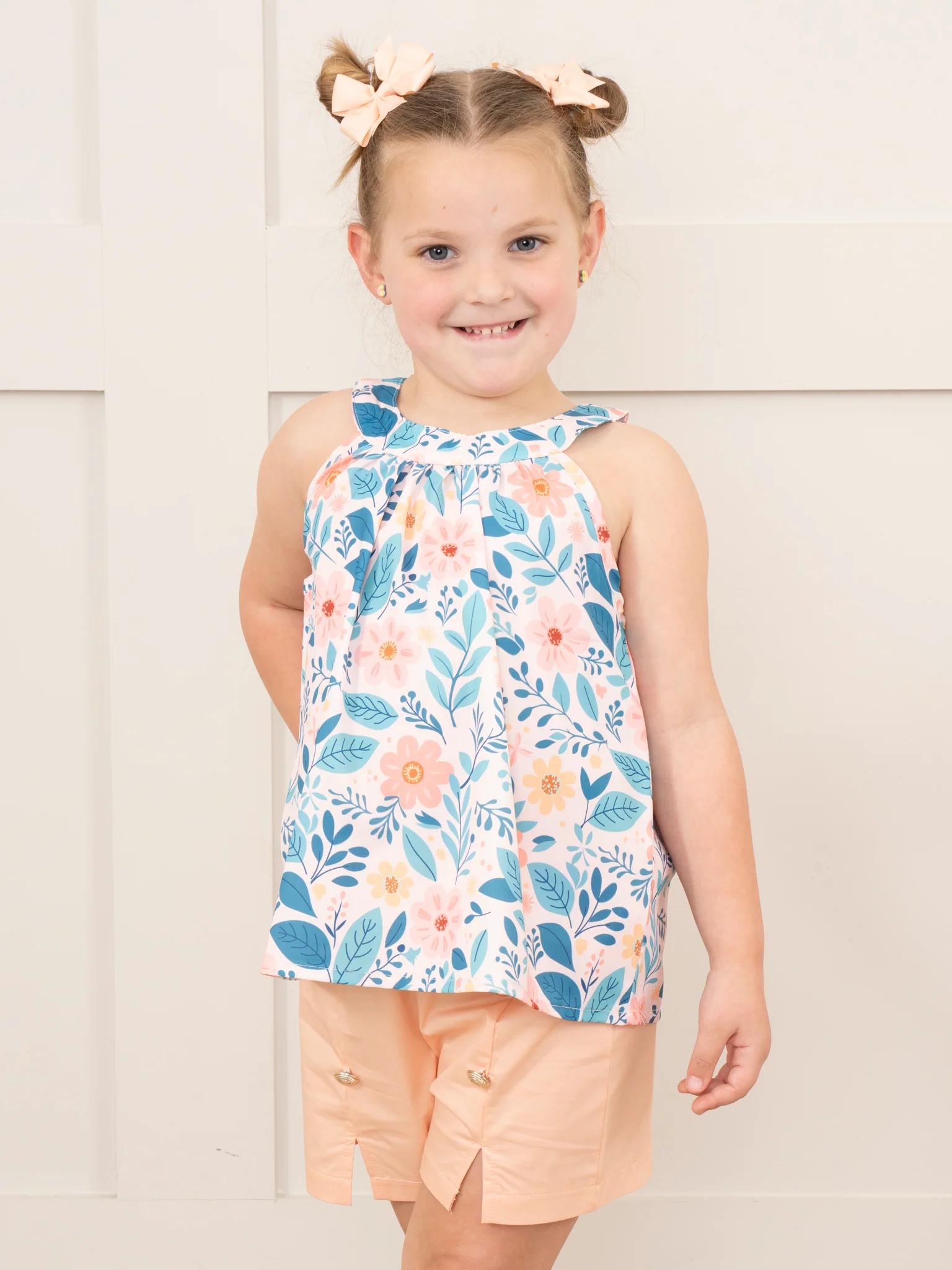 Peach & Blue Floral Sailor Shorts Outfit