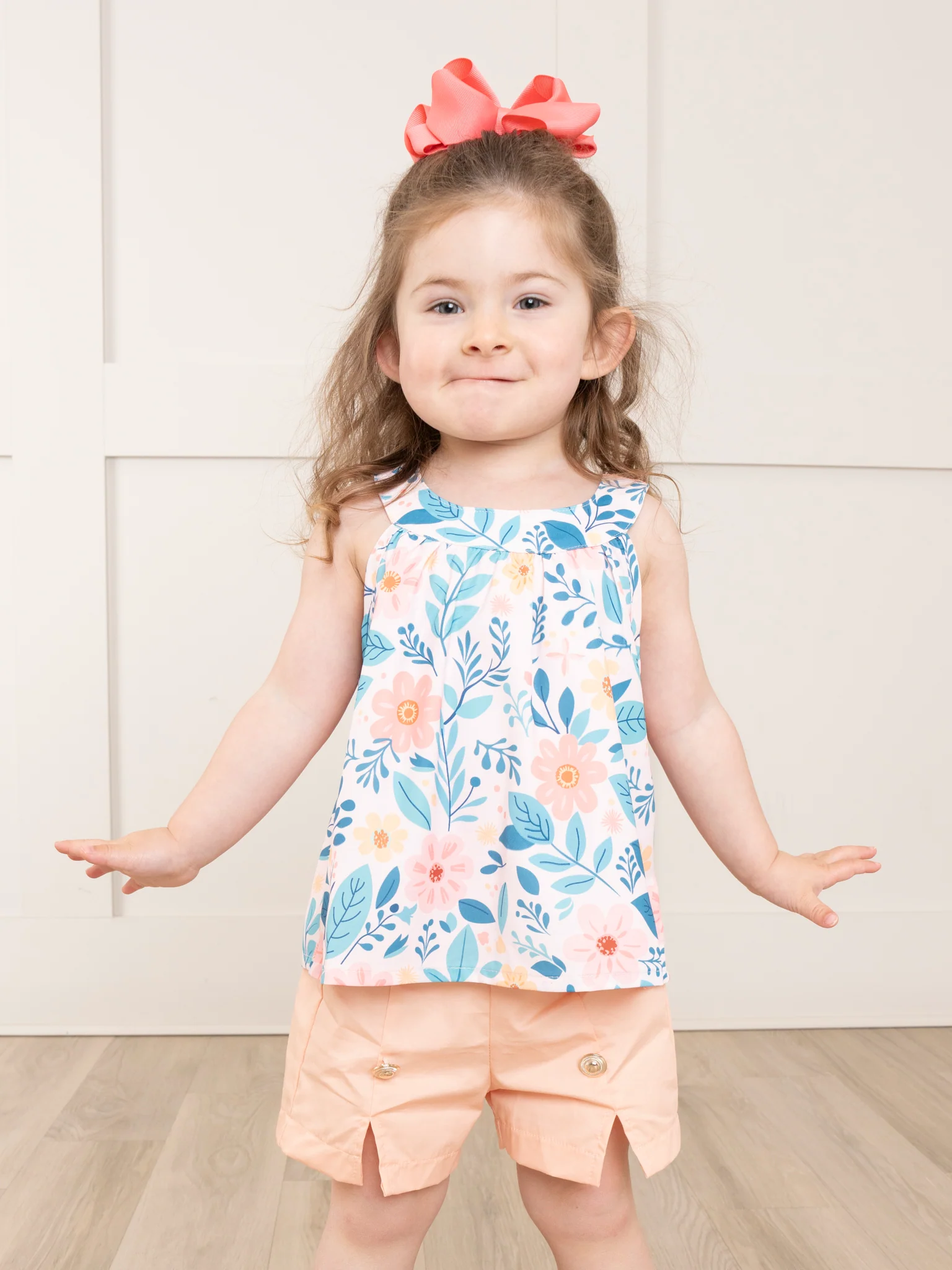 Peach & Blue Floral Sailor Shorts Outfit - Image 2