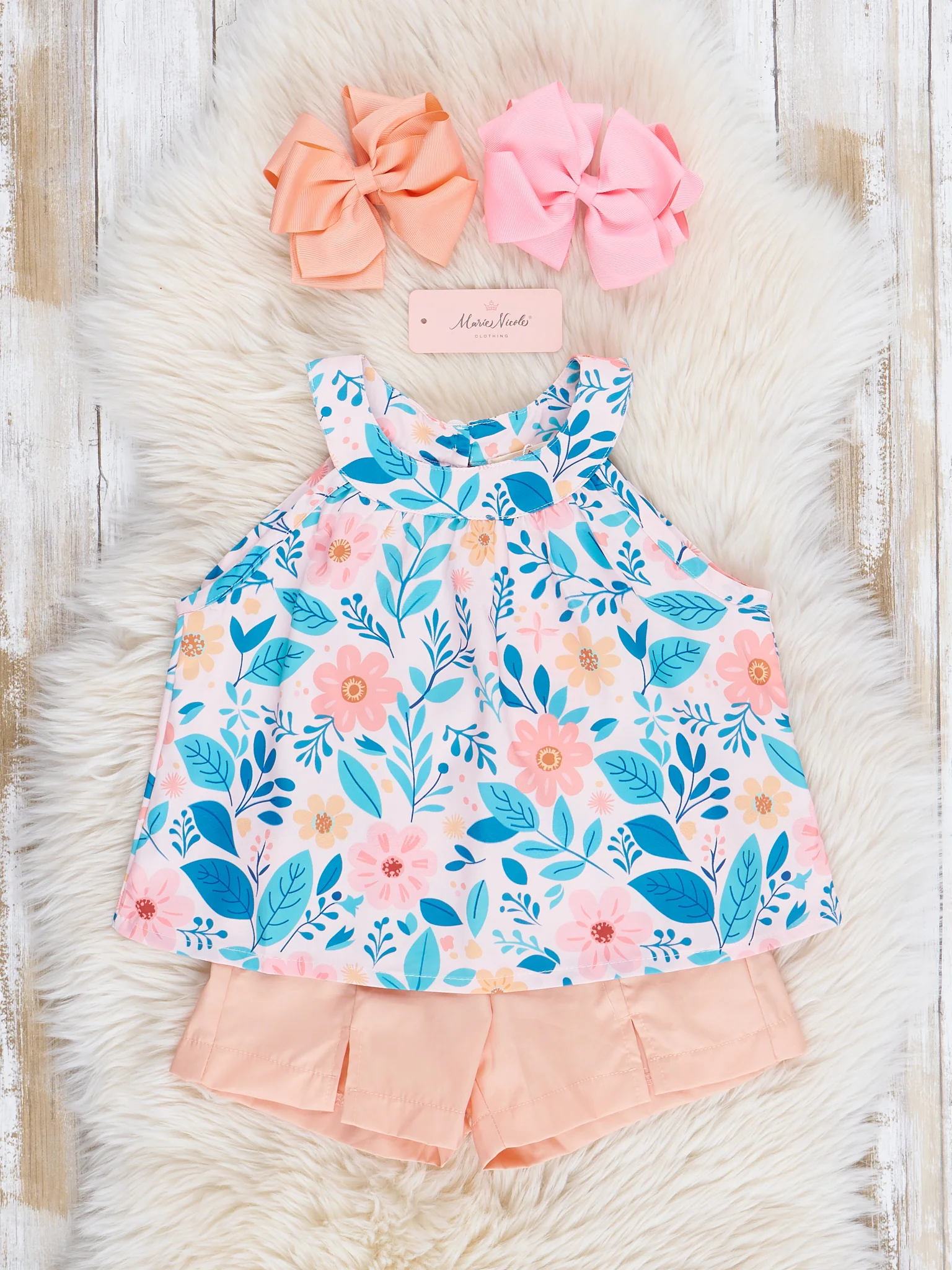 Peach & Blue Floral Sailor Shorts Outfit - Image 3