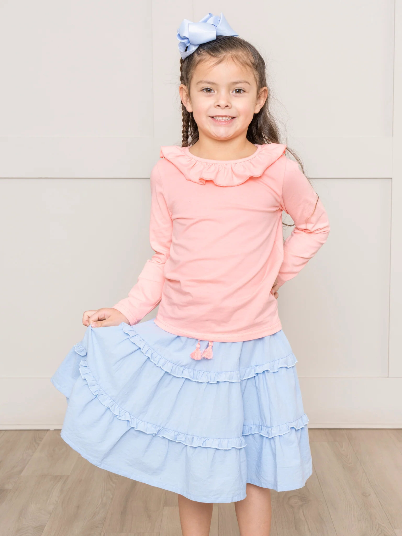 Peach & Chambray Ruffle Outfit w/ Skirt - Image 5