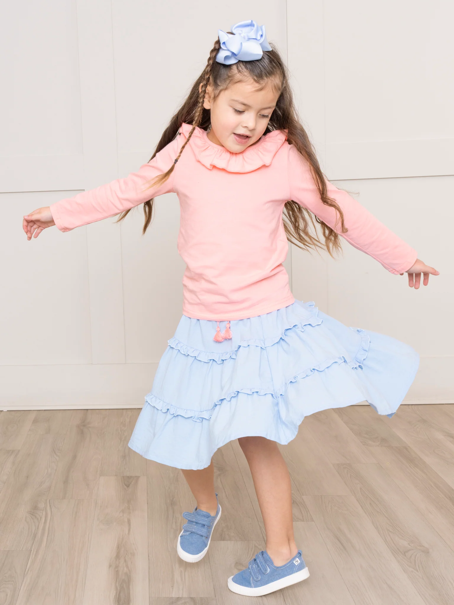 Peach & Chambray Ruffle Outfit w/ Skirt - Image 6