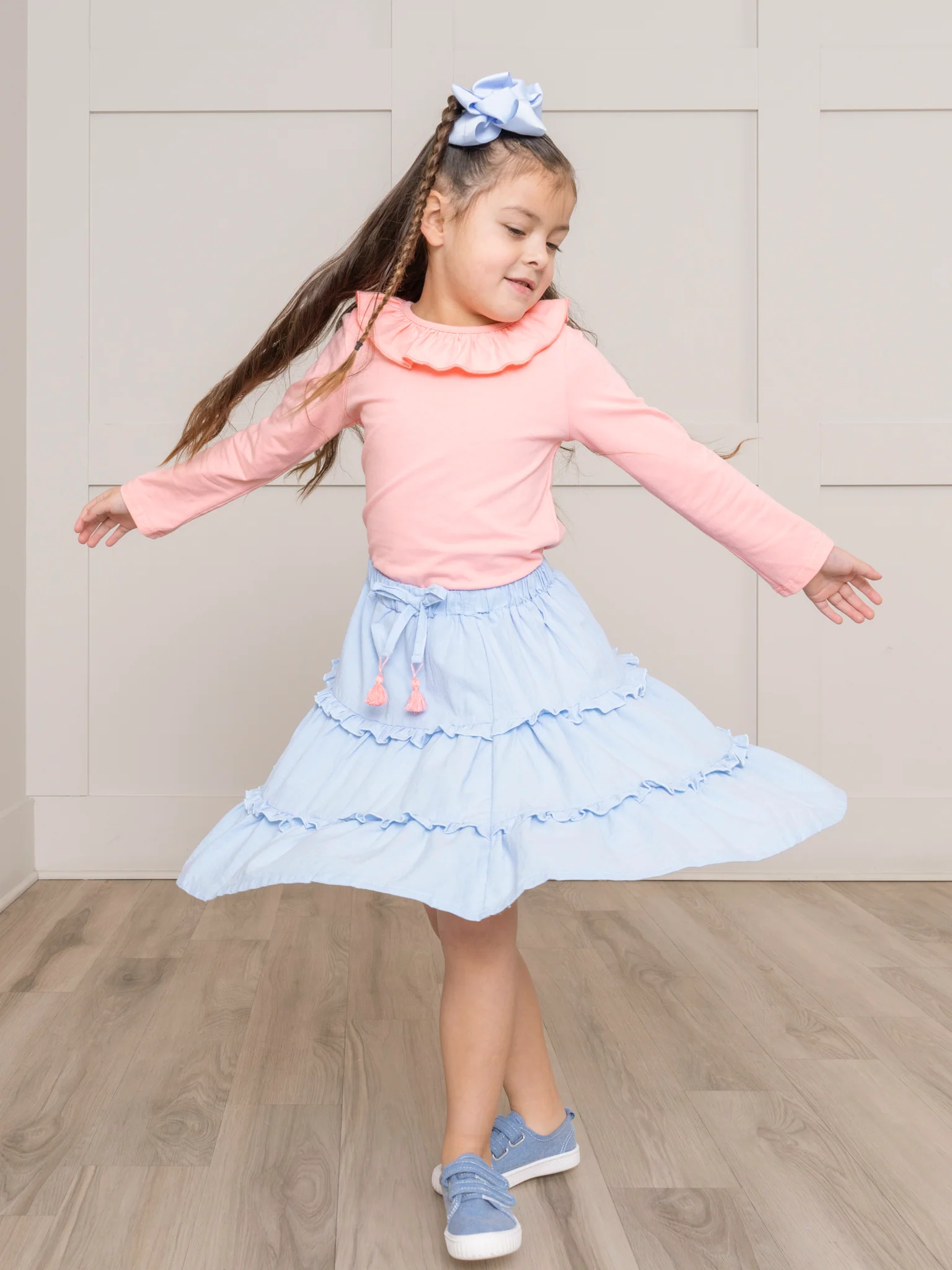 Peach & Chambray Ruffle Outfit w/ Skirt - Image 7