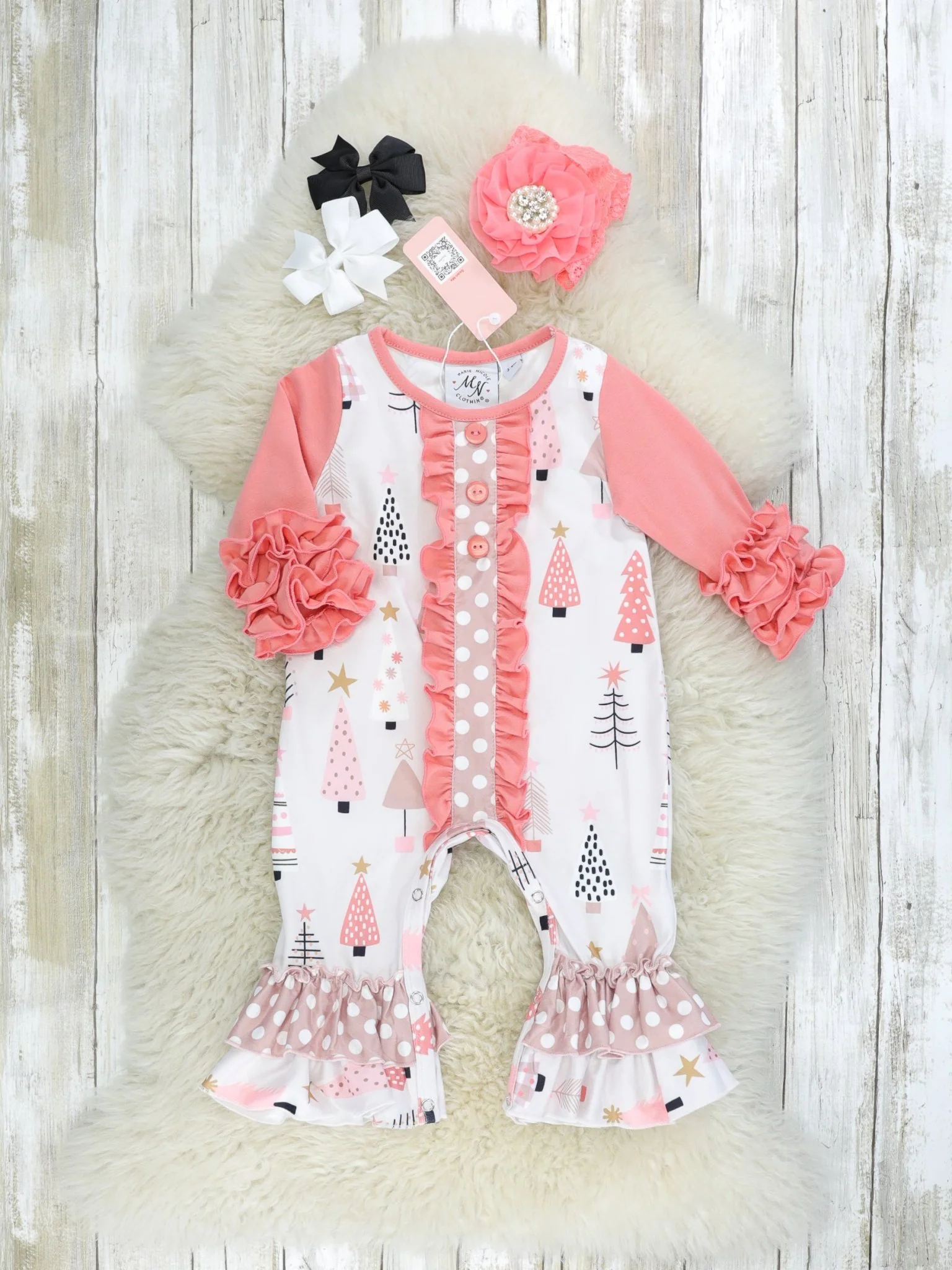 Peach Christmas Tree Ruffle Romper
