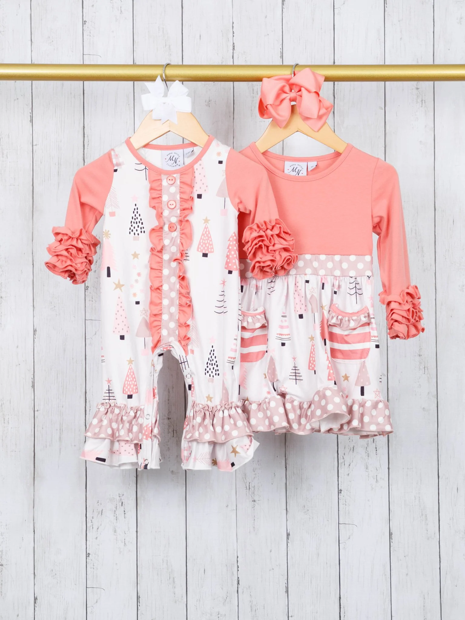 Peach Christmas Tree Ruffle Romper - Image 2