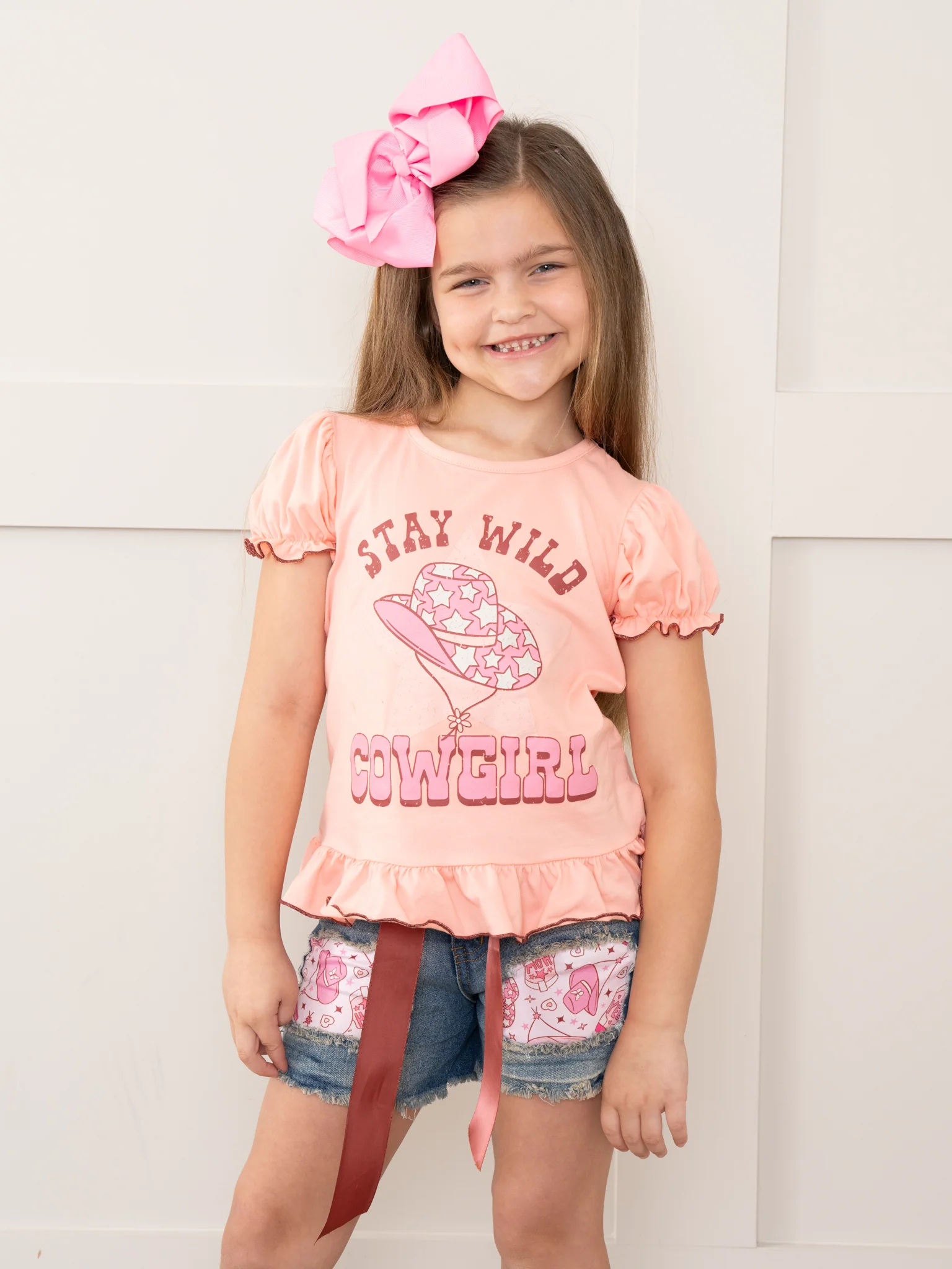 Peach Cowgirl Ruffle Denim Outfit
