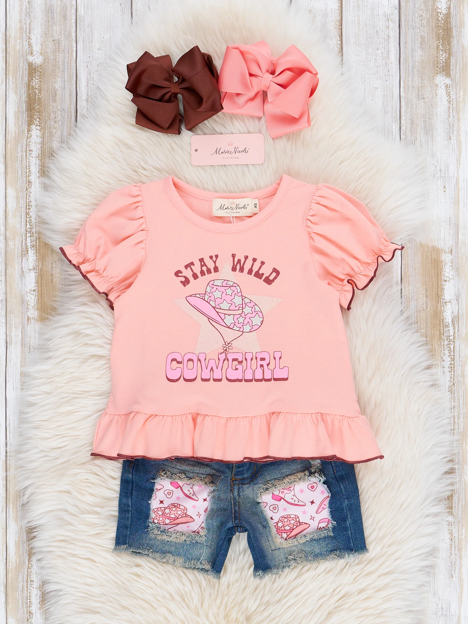 Peach Cowgirl Ruffle Denim Outfit - Image 2