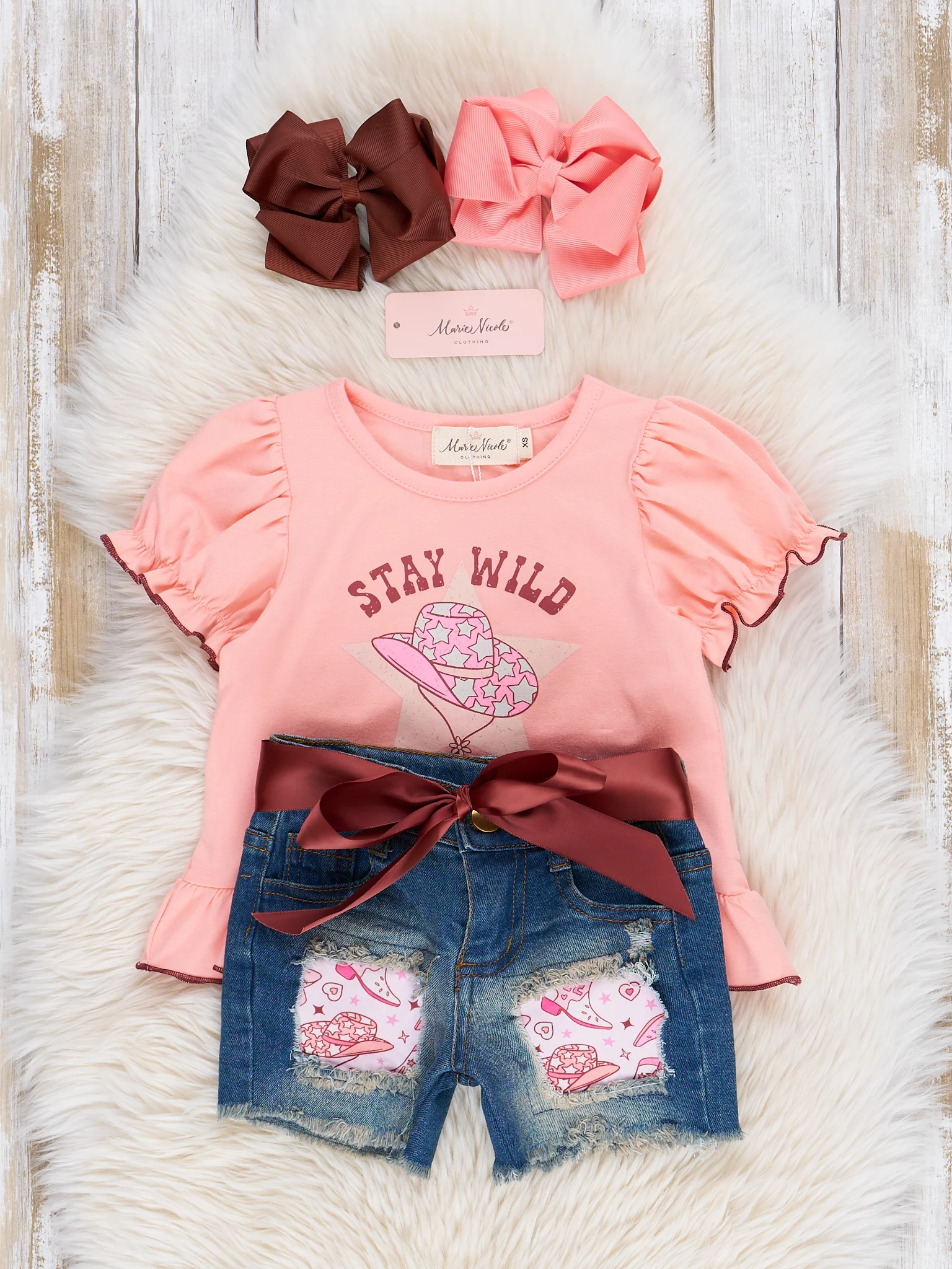 Peach Cowgirl Ruffle Denim Outfit - Image 3