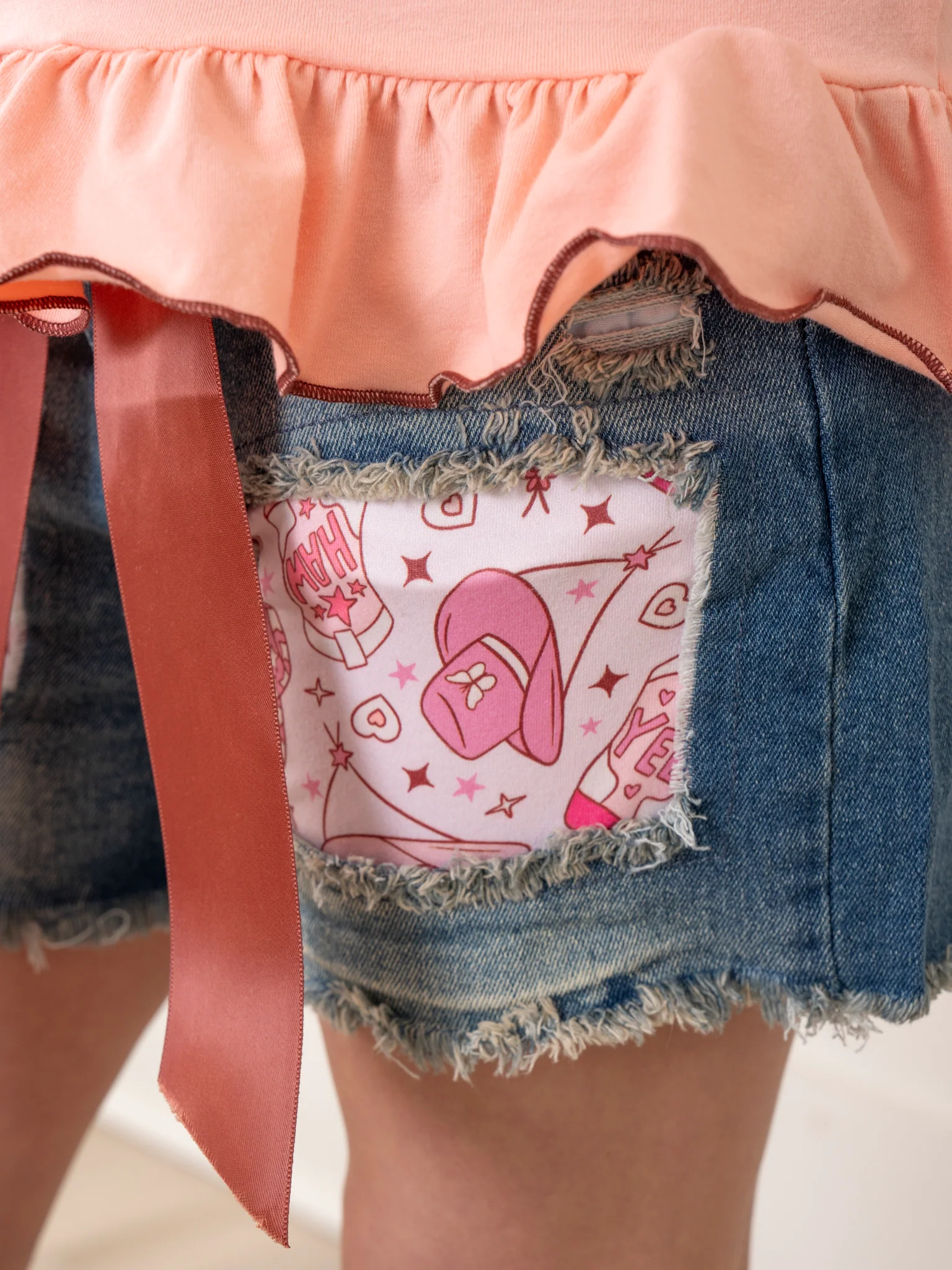 Peach Cowgirl Ruffle Denim Outfit - Image 5
