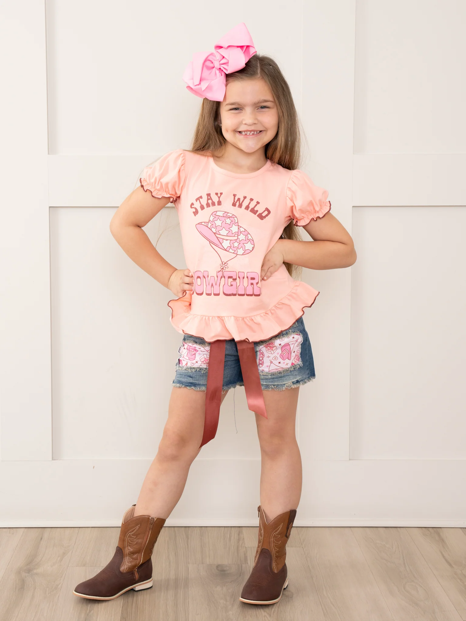 Peach Cowgirl Ruffle Denim Outfit - Image 6