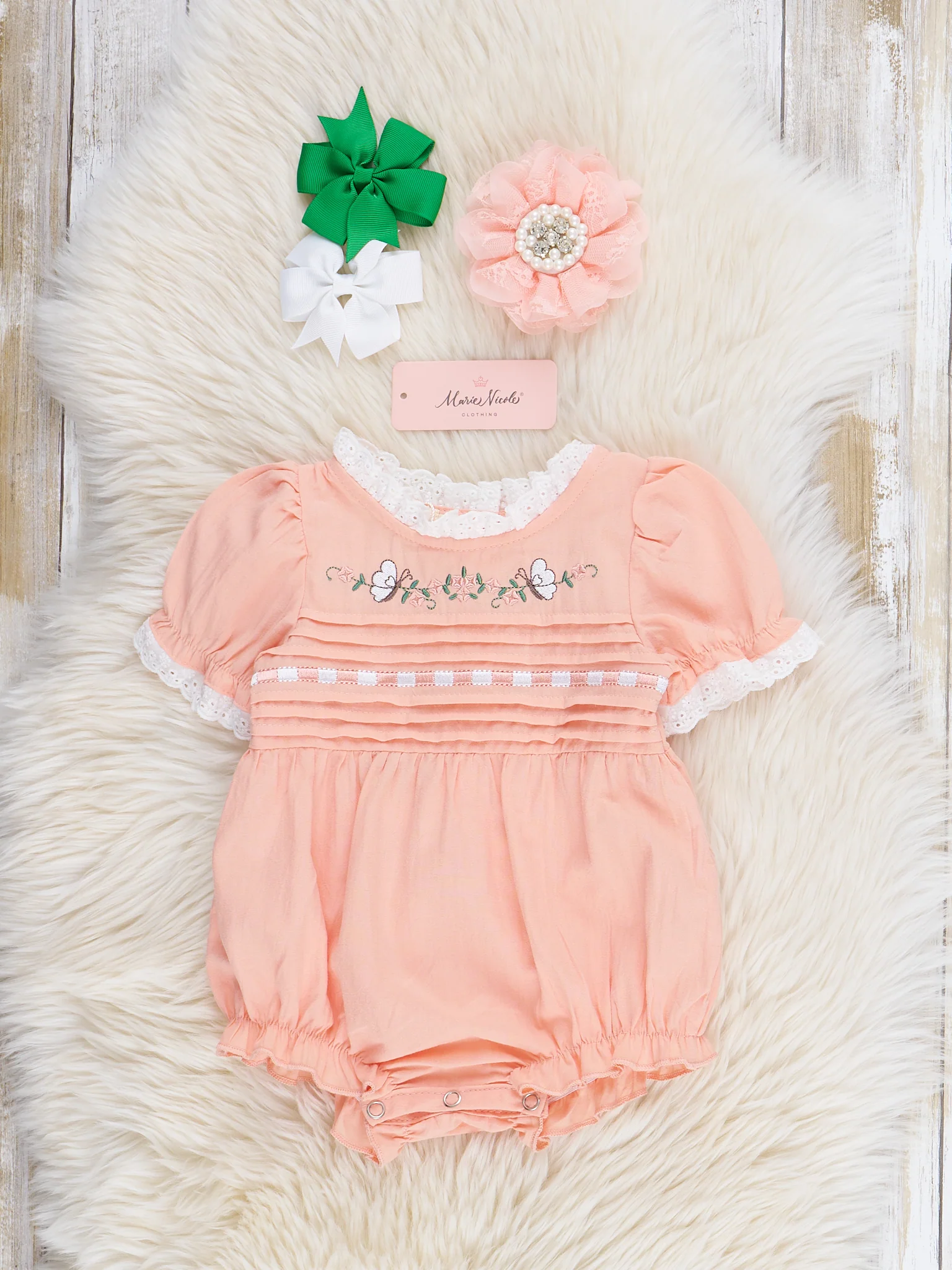 Peach Embroidered Garden Smocked Ruffle Bubble Romper