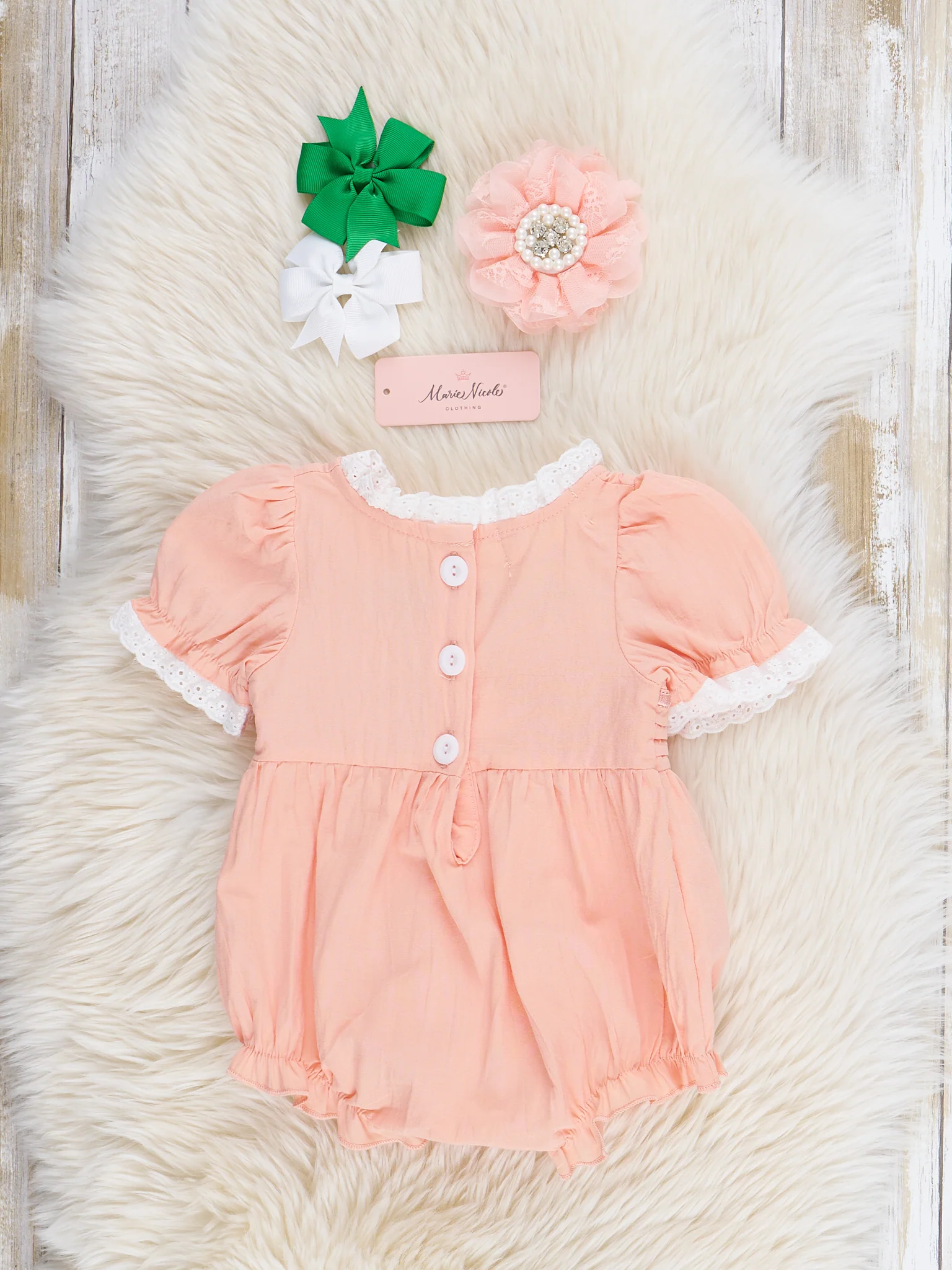Peach Embroidered Garden Smocked Ruffle Bubble Romper - Image 2